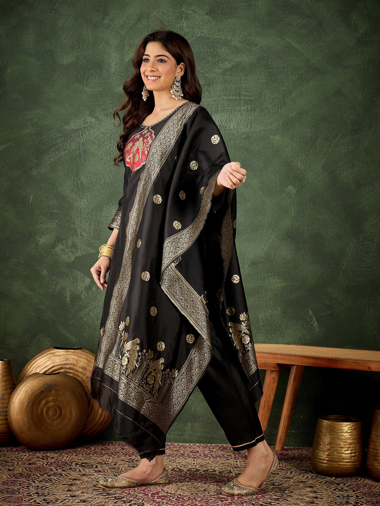 Roop Women's Silk Blend Banarasi Jacquard Zari Woven Straight Kurta Pant with Dupatta Set