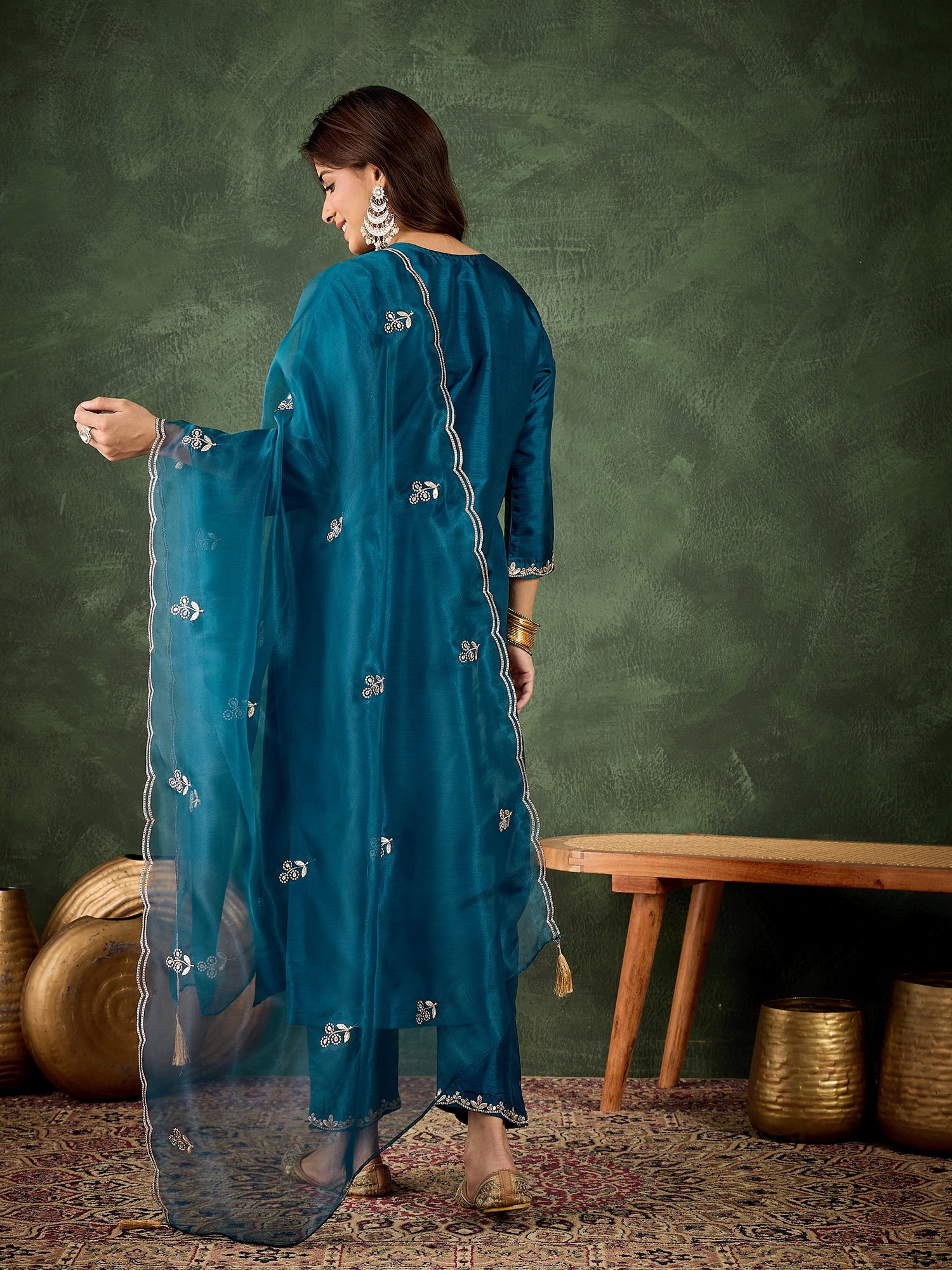 Riwaayat Women Kurta and Pant Dupatta Sets Silk Blend Fabrics with Embroidery