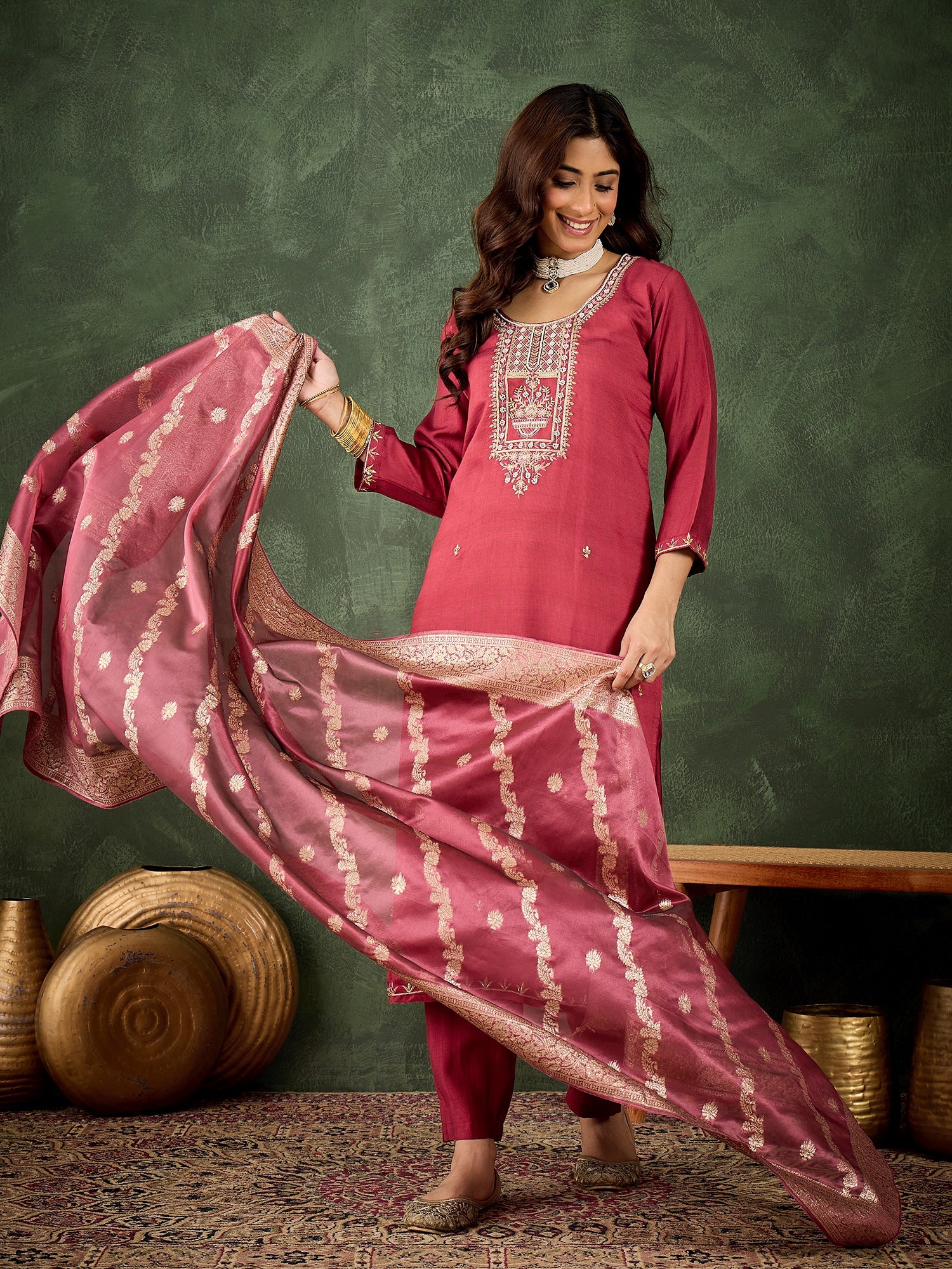 Zarika Women Kurta and Pant Dupatta Sets Viscose Rayon Fabrics with Embroidery Handwork
