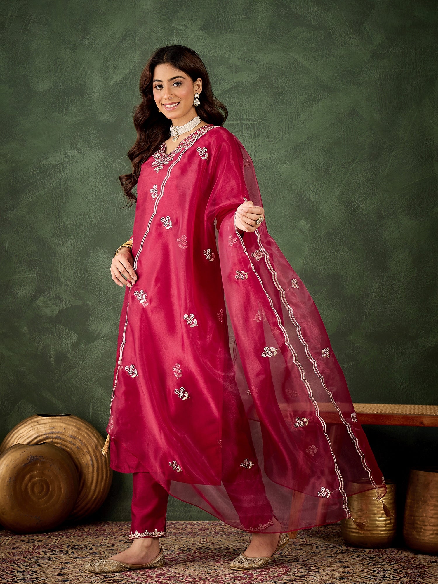Riwaayat Women Kurta and Pant Dupatta Sets Silk Blend Fabrics with Embroidery