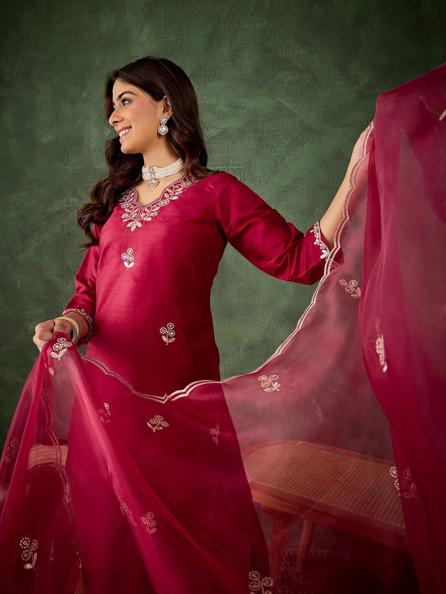 Riwaayat Women Kurta and Pant Dupatta Sets Silk Blend Fabrics with Embroidery