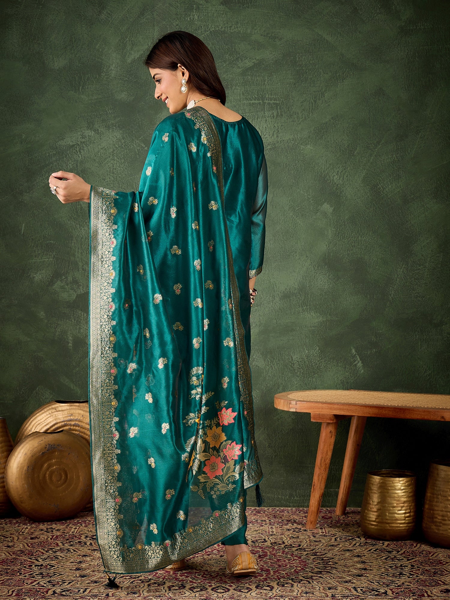 Eshanvi rama Embroidered Silk Blend Organza Meenakari Straight Suits With Dupatta