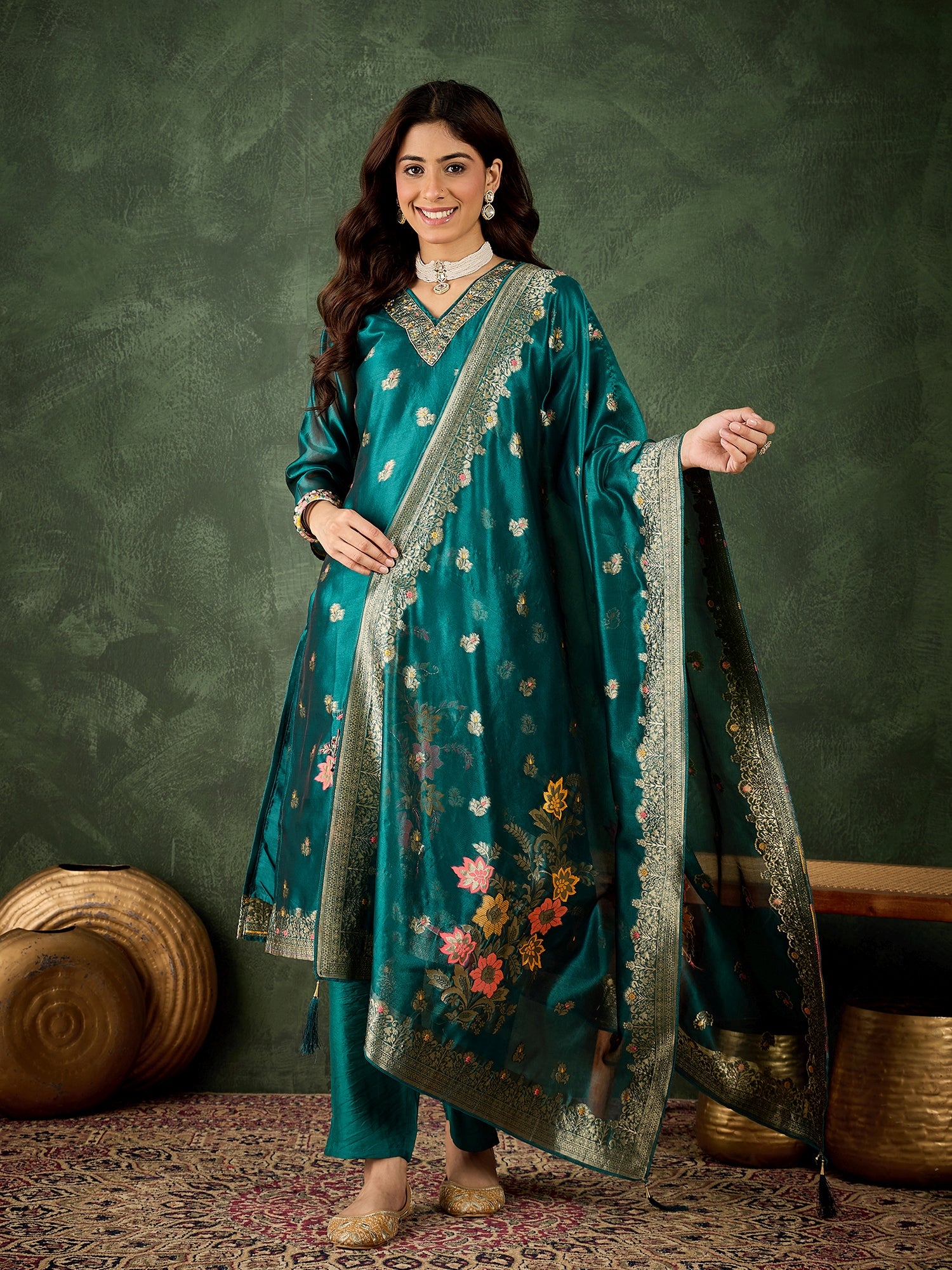 Eshanvi rama Embroidered Silk Blend Organza Meenakari Straight Suits With Dupatta