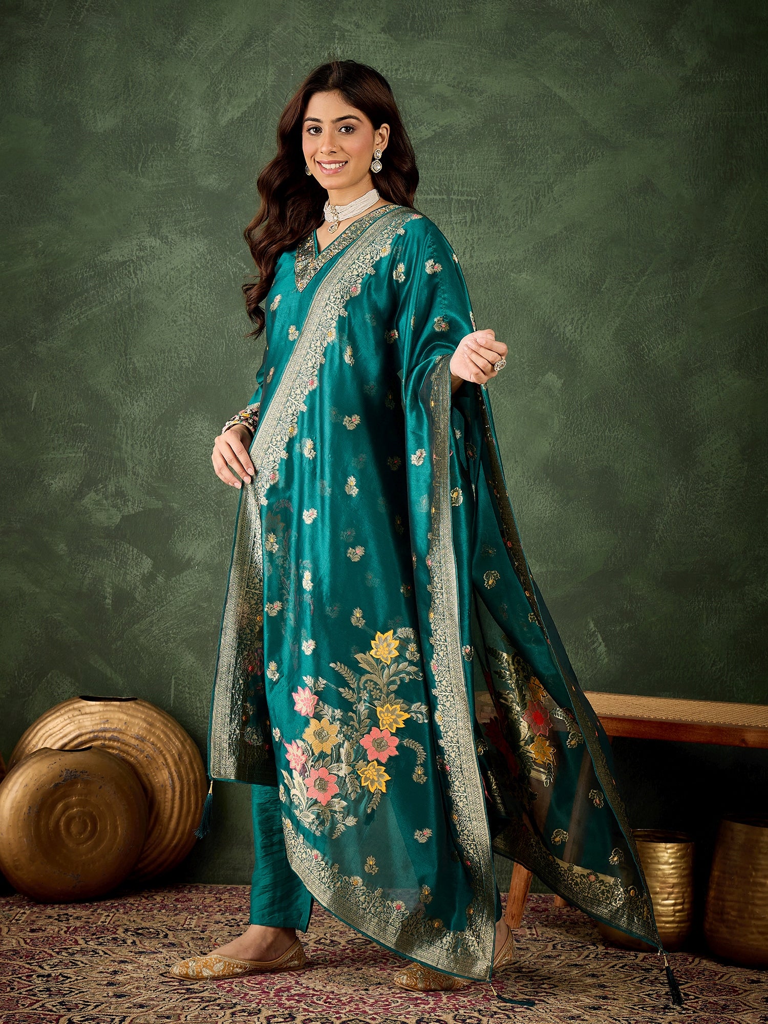 Eshanvi rama Embroidered Silk Blend Organza Meenakari Straight Suits With Dupatta