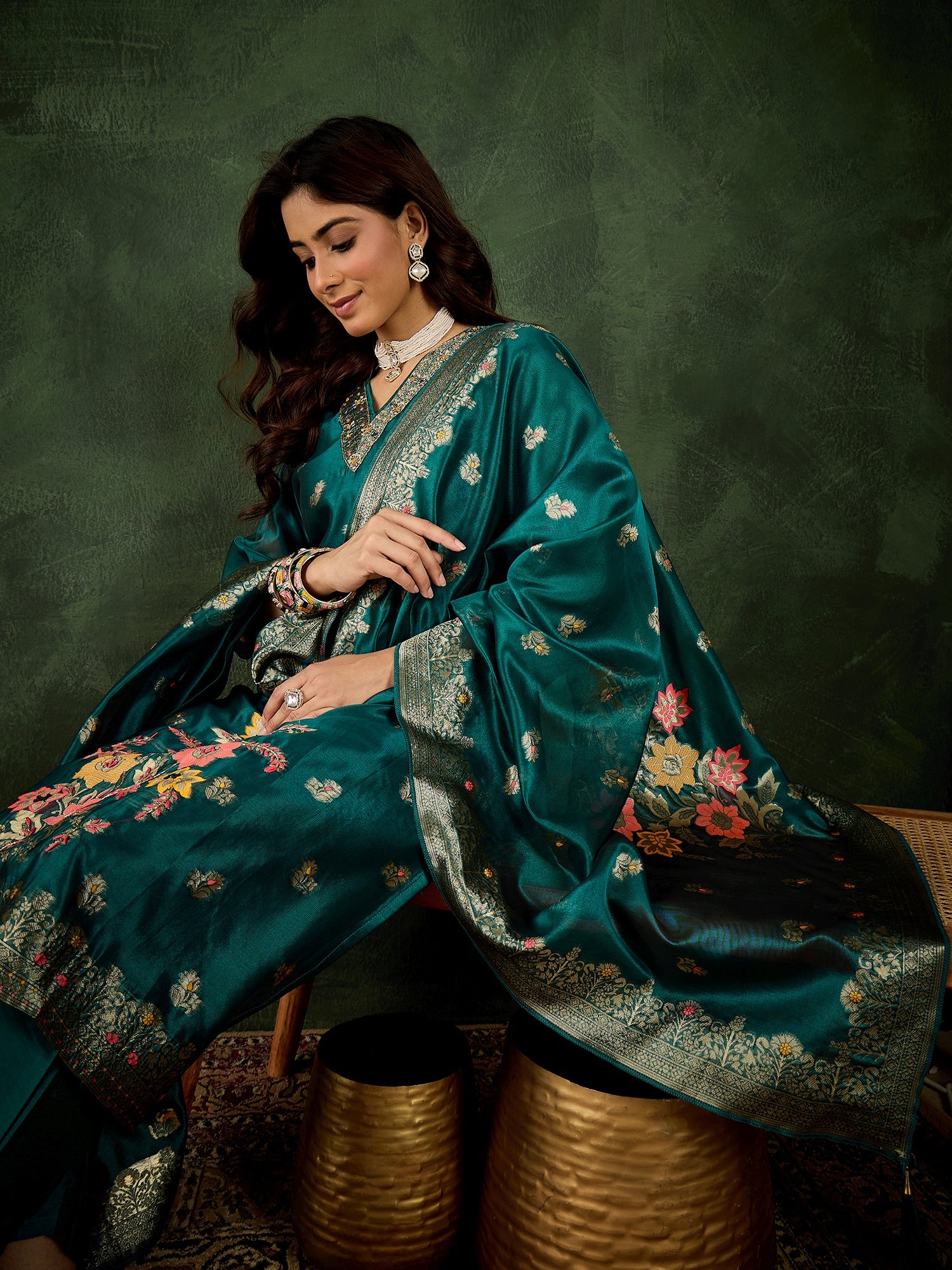 Eshanvi rama Embroidered Silk Blend Organza Meenakari Straight Suits With Dupatta