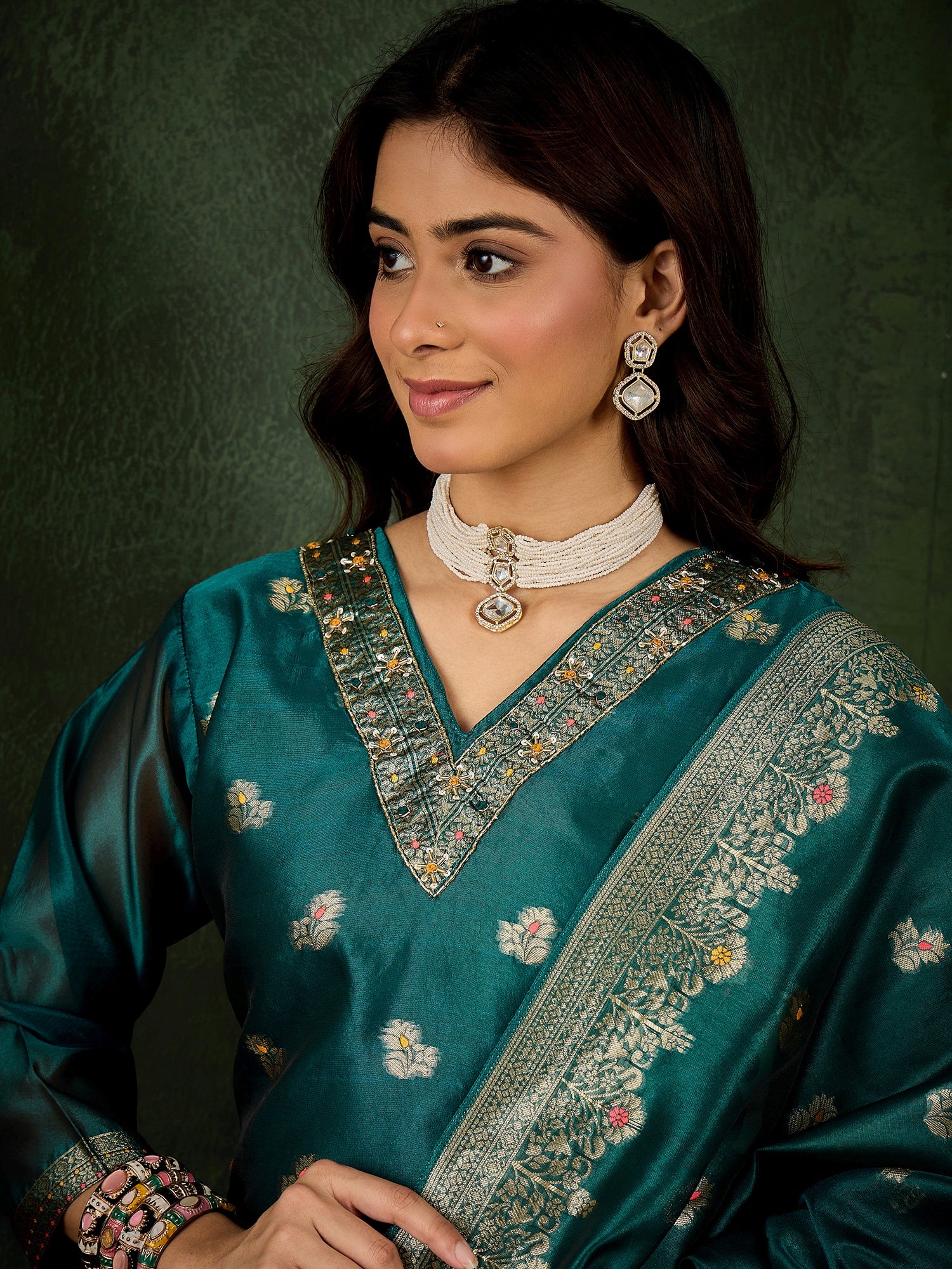 Eshanvi rama Embroidered Silk Blend Organza Meenakari Straight Suits With Dupatta