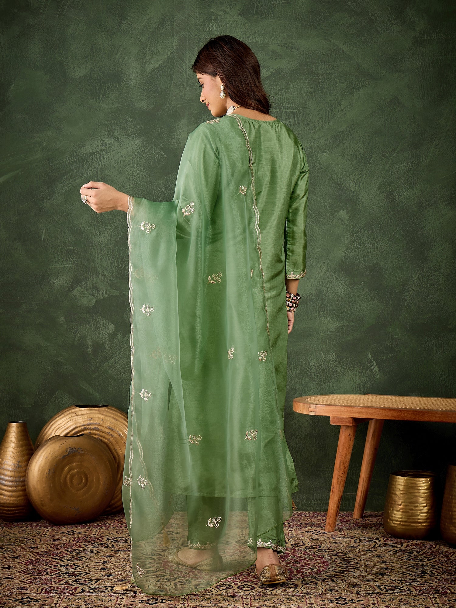 Riwaayat Women Kurta and Pant Dupatta Sets Silk Blend Fabrics with Embroidery