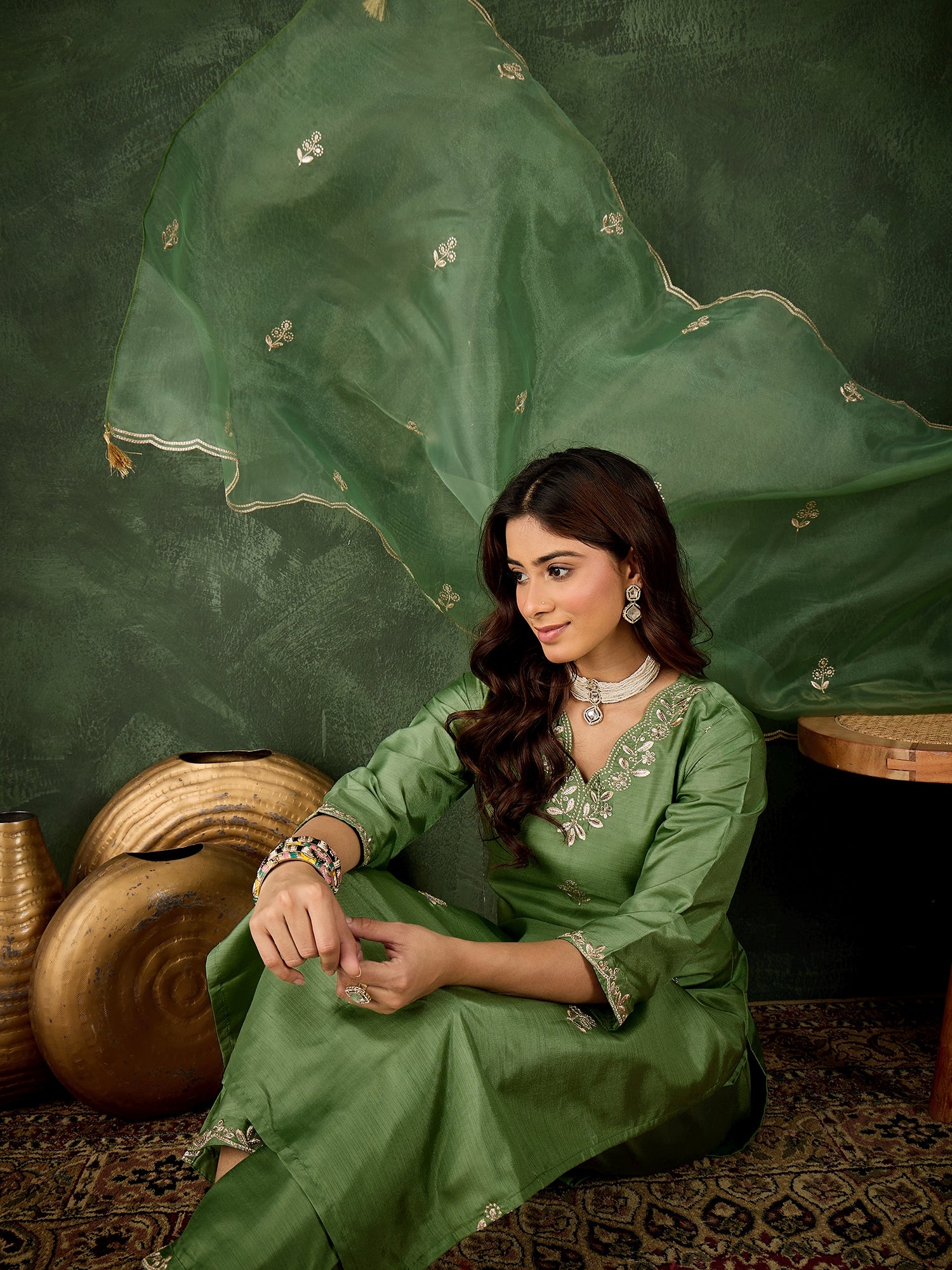 Riwaayat Women Kurta and Pant Dupatta Sets Silk Blend Fabrics with Embroidery