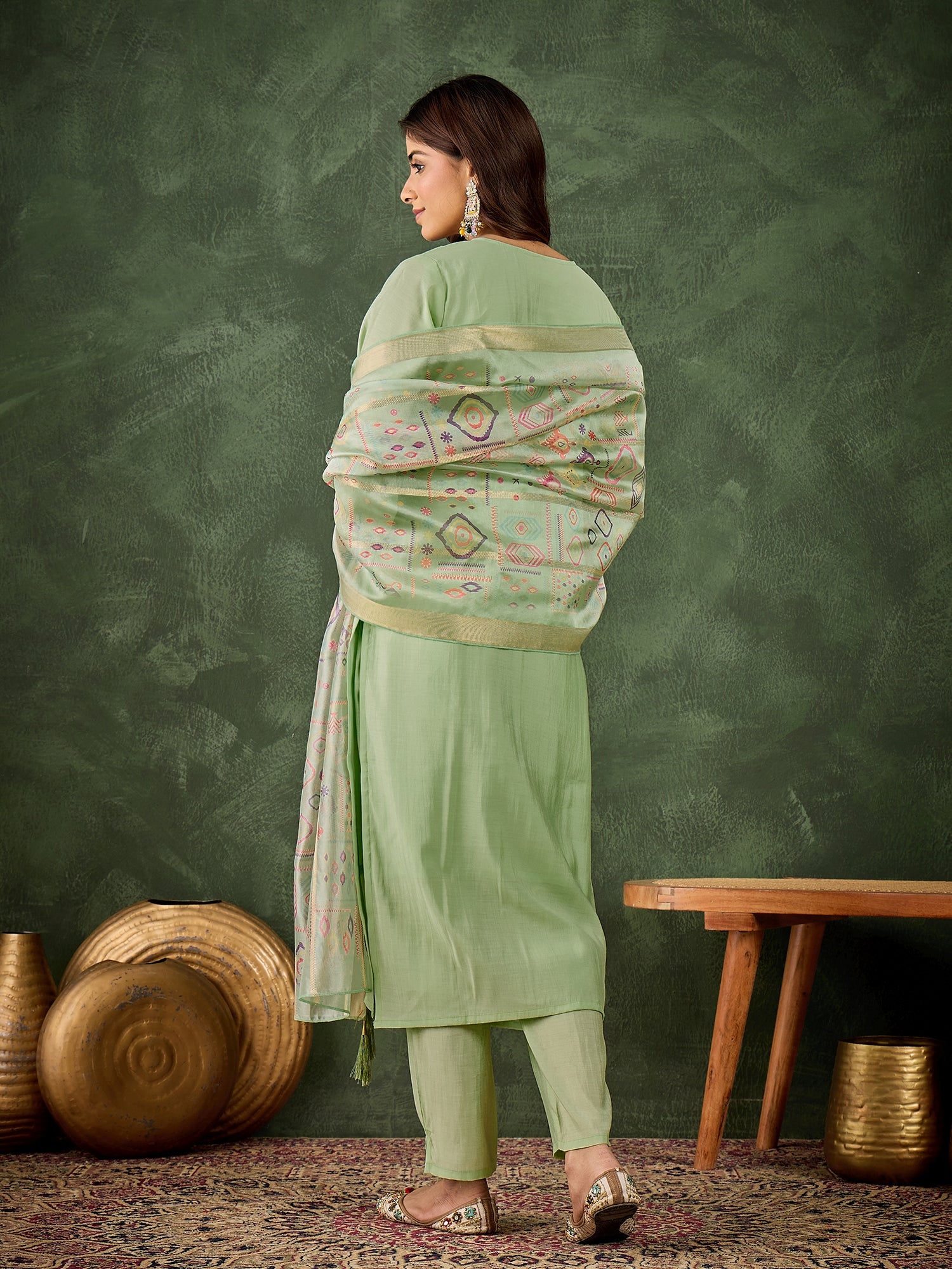 Vasant Women's Embroidered Sea Green Silk Blend Straight Suit Set with Dupatta