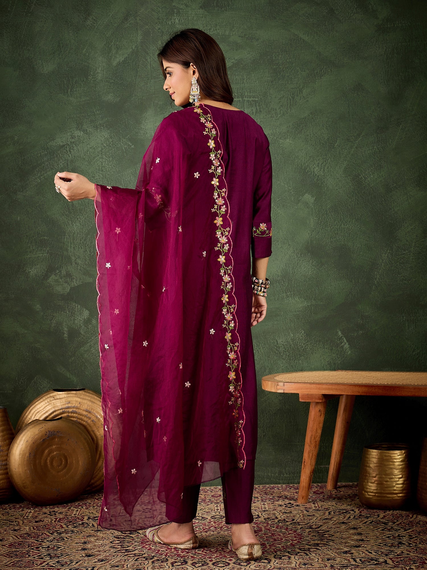 Malaika Purple Women Floral Embroidered Regular Kurta with Trousers & Dupatta Suits Sets
