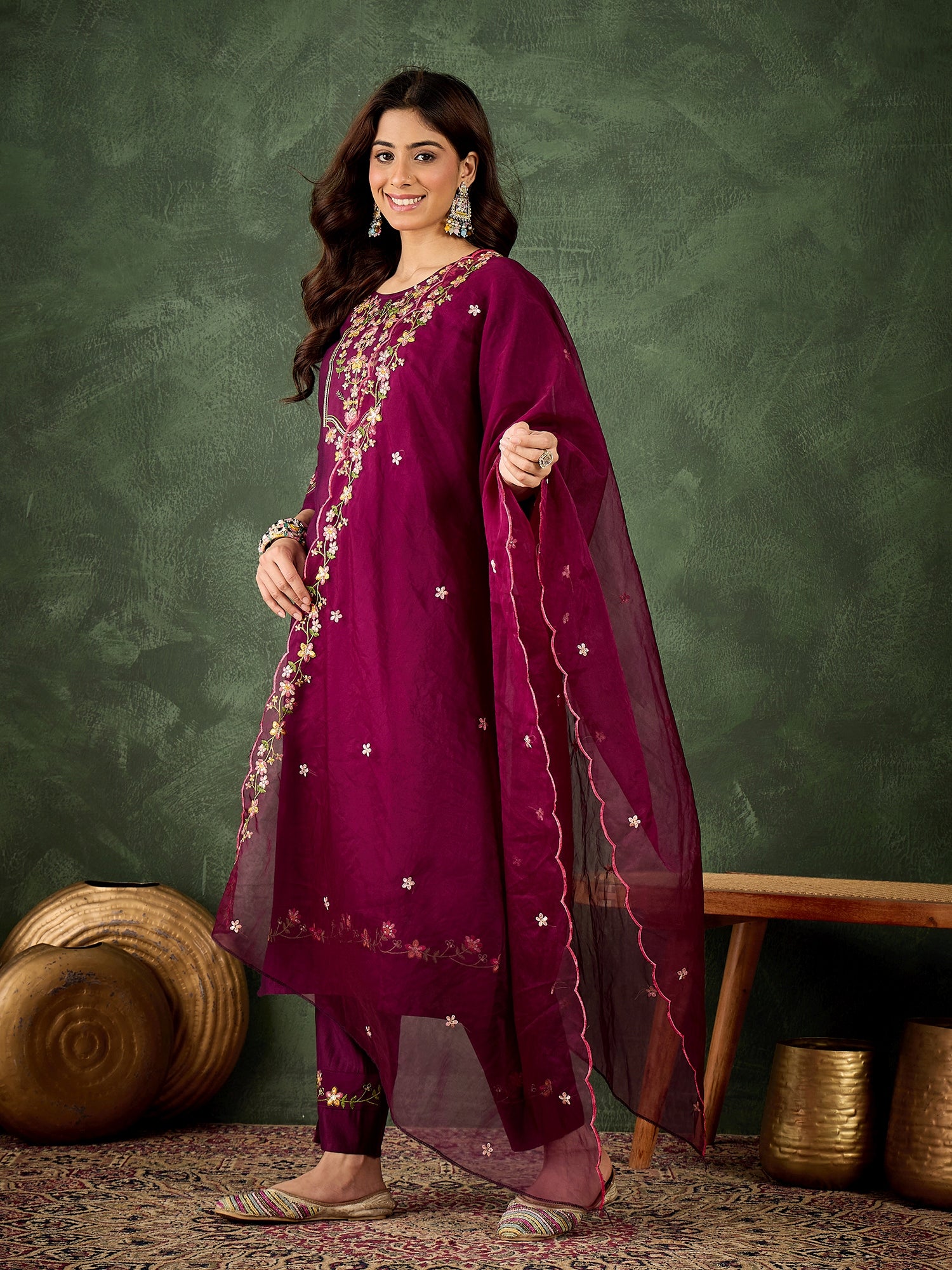 Malaika Purple Women Floral Embroidered Regular Kurta with Trousers & Dupatta Suits Sets