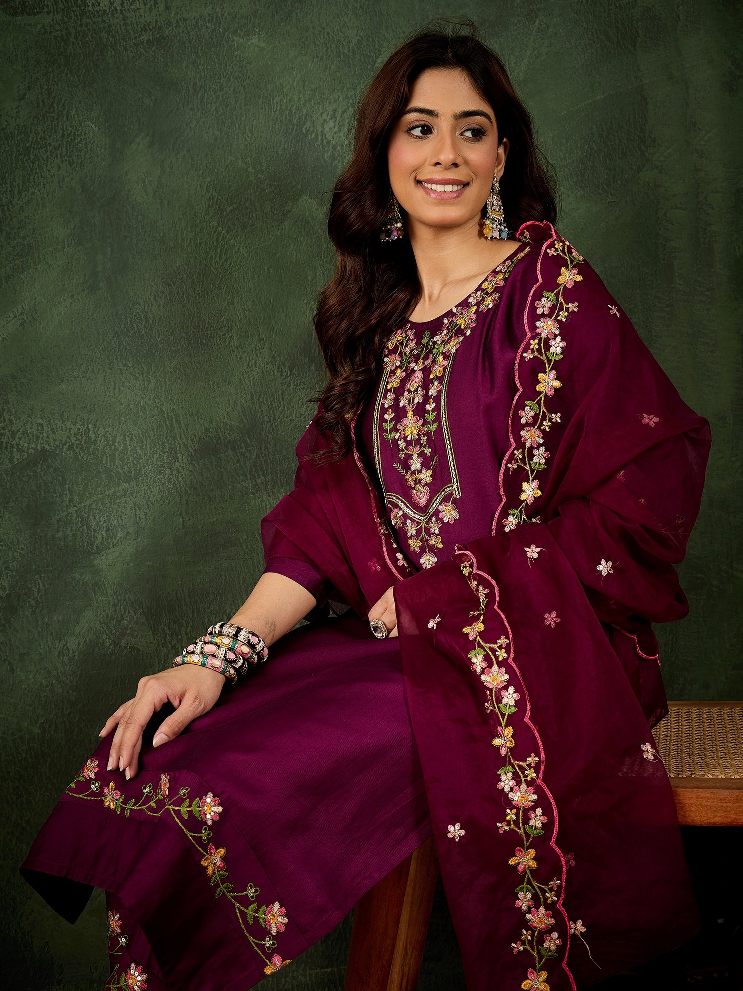 Malaika Purple Women Floral Embroidered Regular Kurta with Trousers & Dupatta Suits Sets