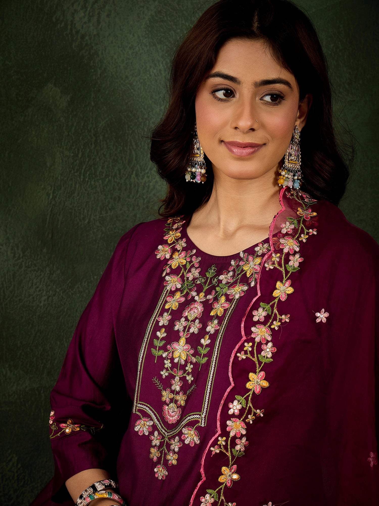 Malaika Purple Women Floral Embroidered Regular Kurta with Trousers & Dupatta Suits Sets