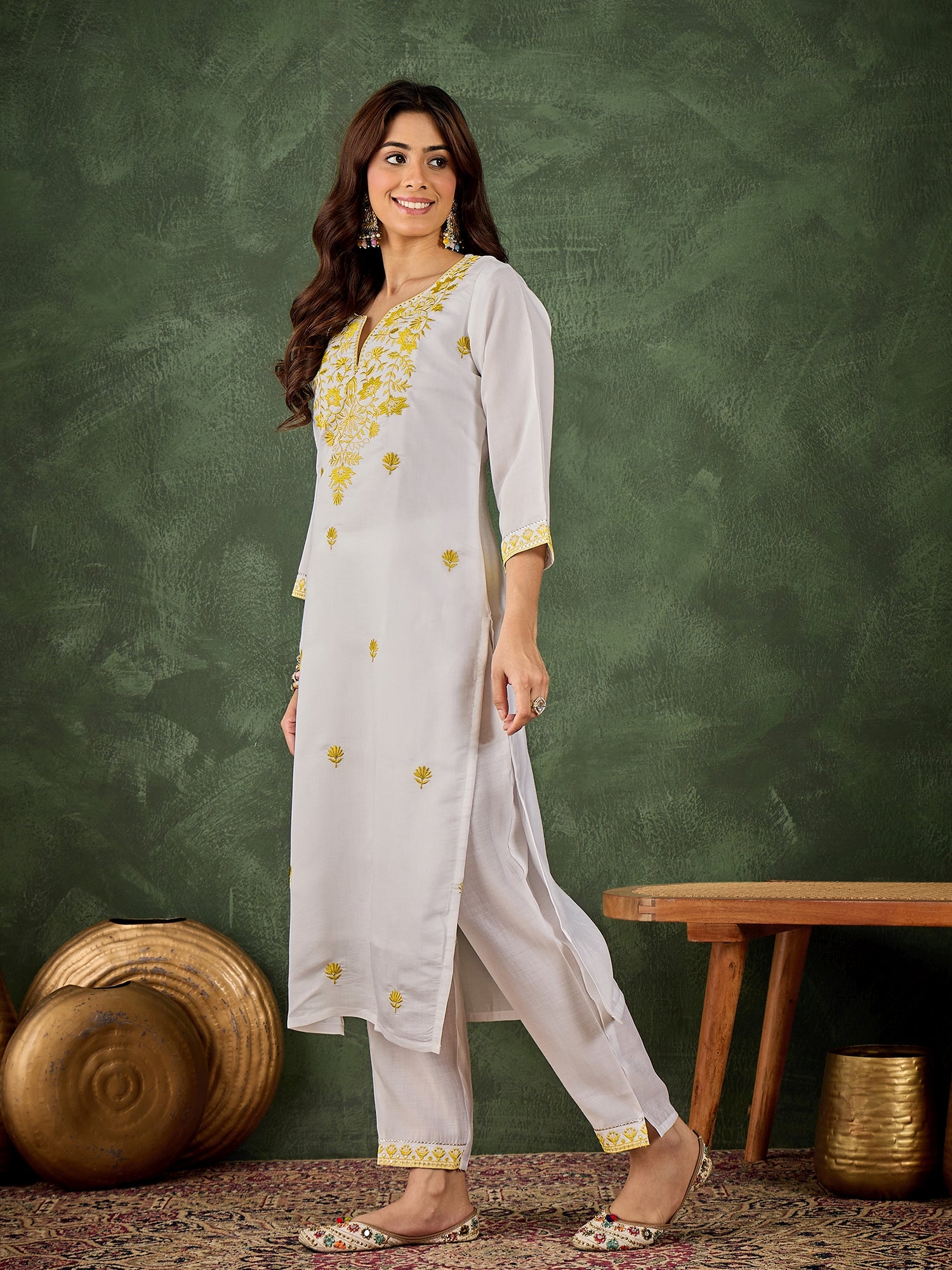 Rutu Women's Silk Blend Embroidered Straight Kurta & Pant Set