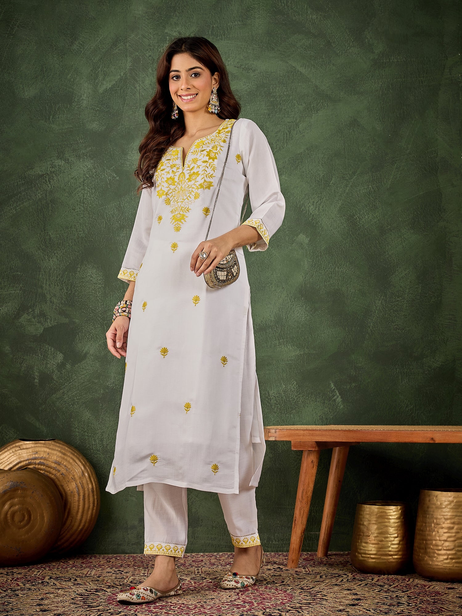 Rutu Women's Silk Blend Embroidered Straight Kurta & Pant Set
