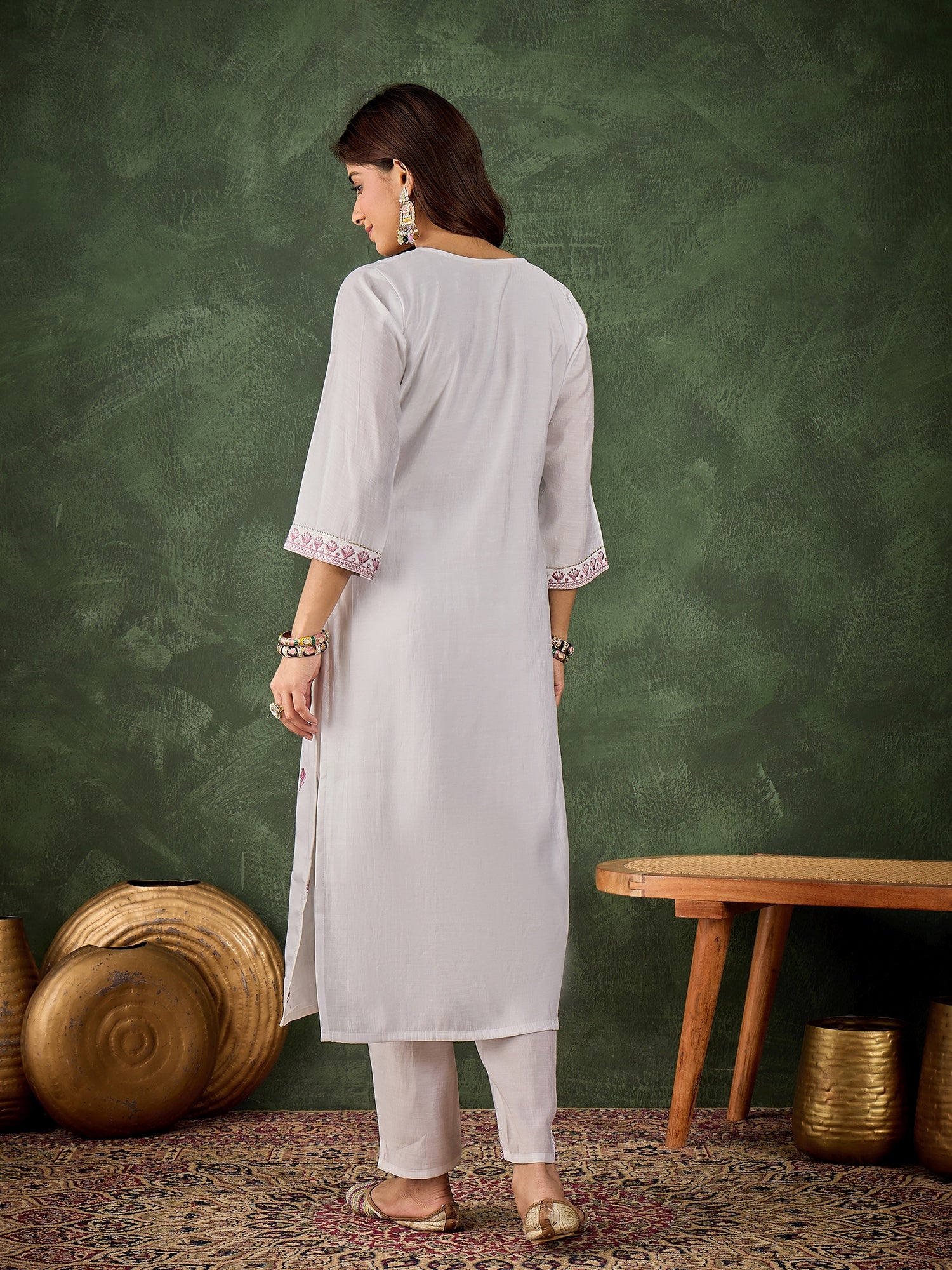 Rutu Women's Silk Blend Embroidered Straight Kurta & Pant Set