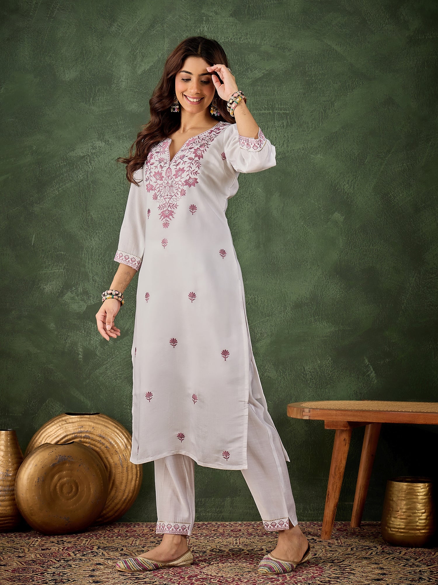Rutu Women's Silk Blend Embroidered Straight Kurta & Pant Set