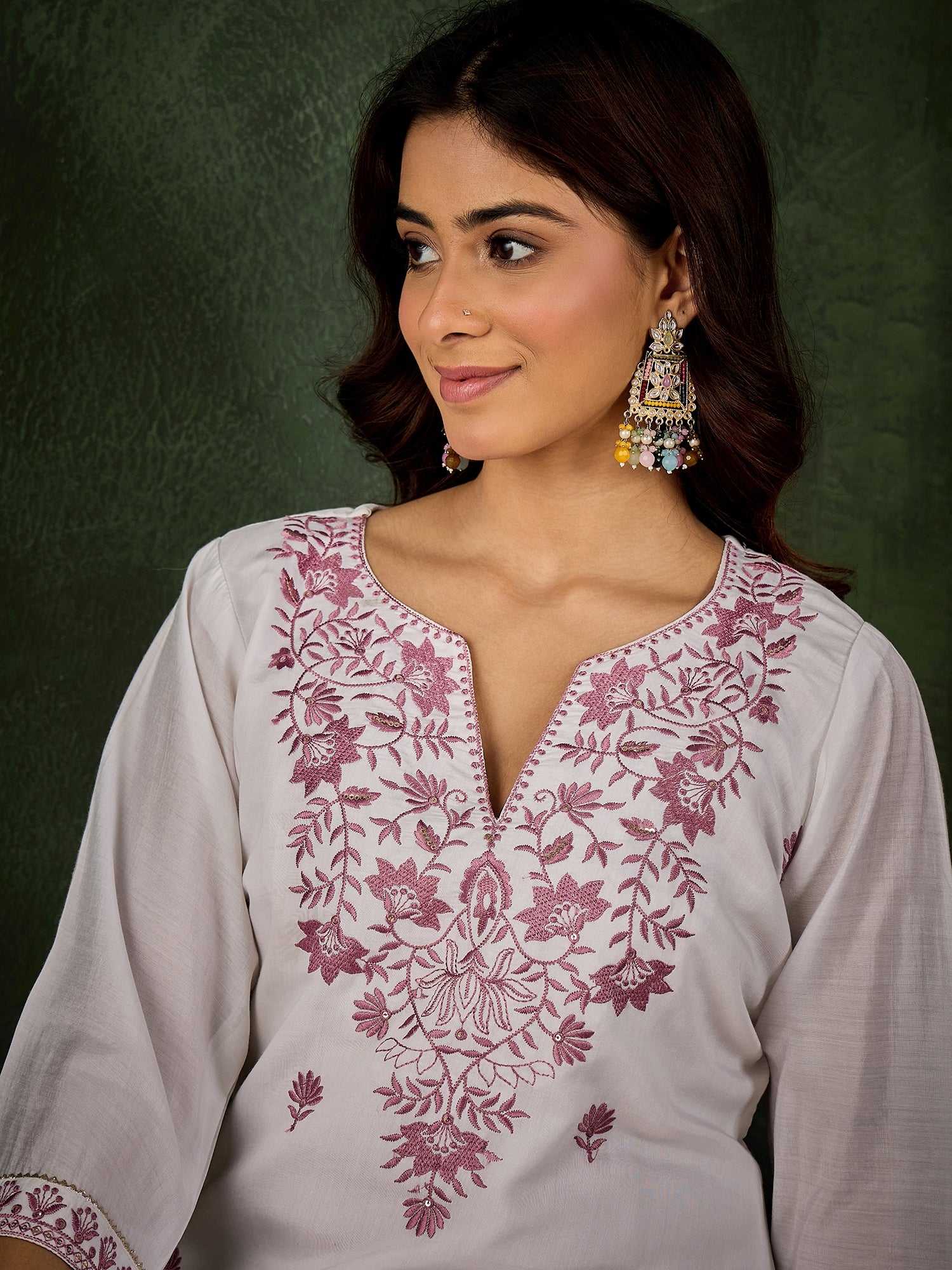 Rutu Women's Silk Blend Embroidered Straight Kurta & Pant Set