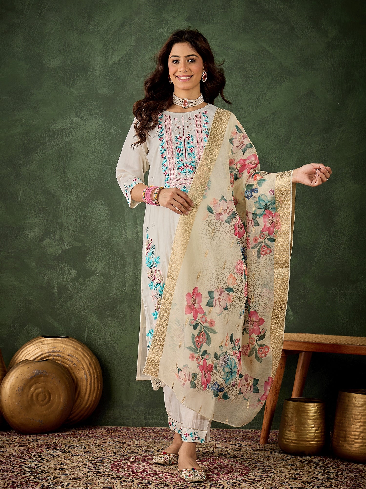 Varnam Women Silk Blend Kurta Pant Dupatta Set