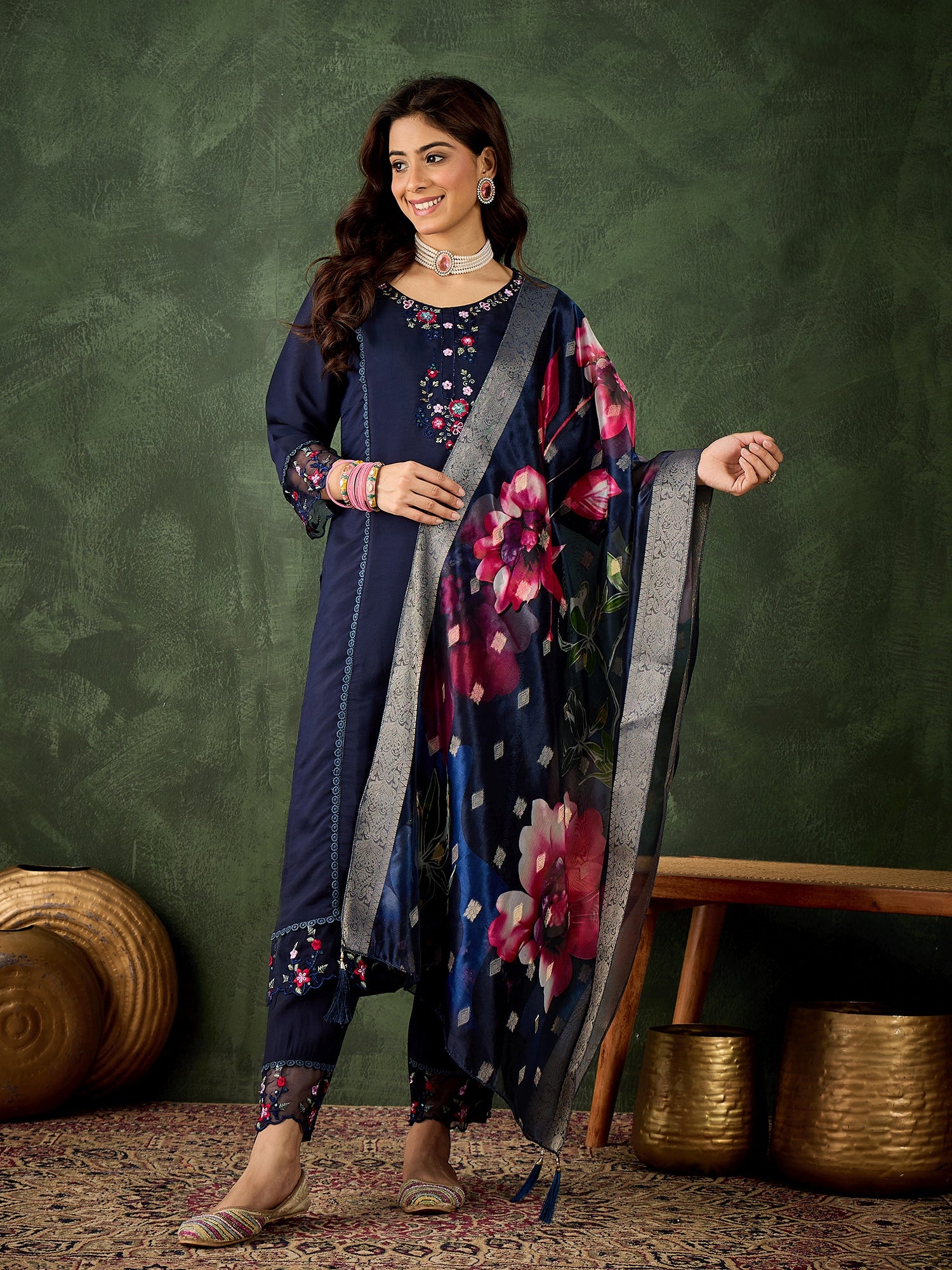 VredeVogel Viscose Roman Silk Calf Length Kurta Set Dupatta