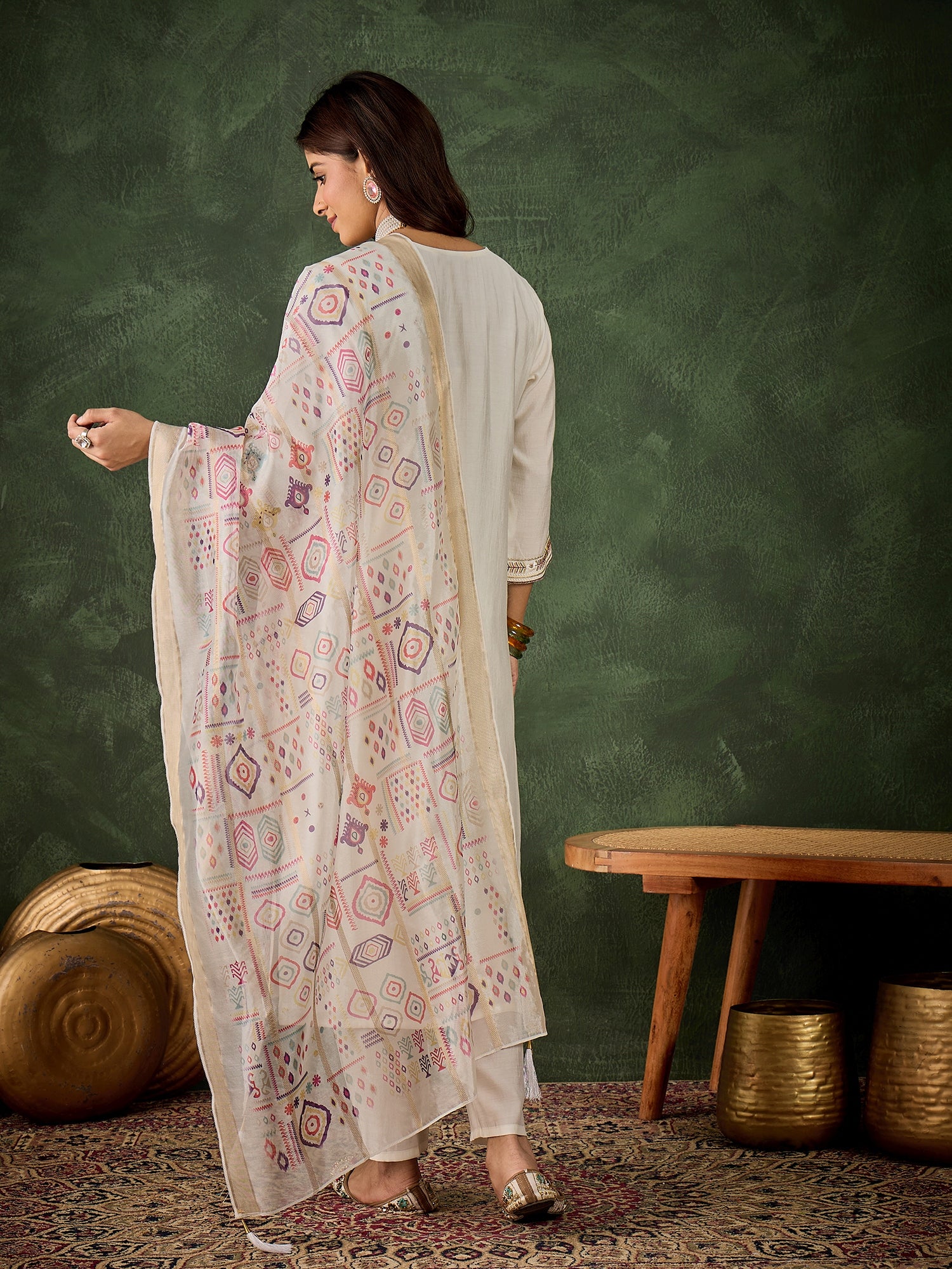 Vasant Women's Embroidered White Silk Blend Straight Suit Set with Dupatta