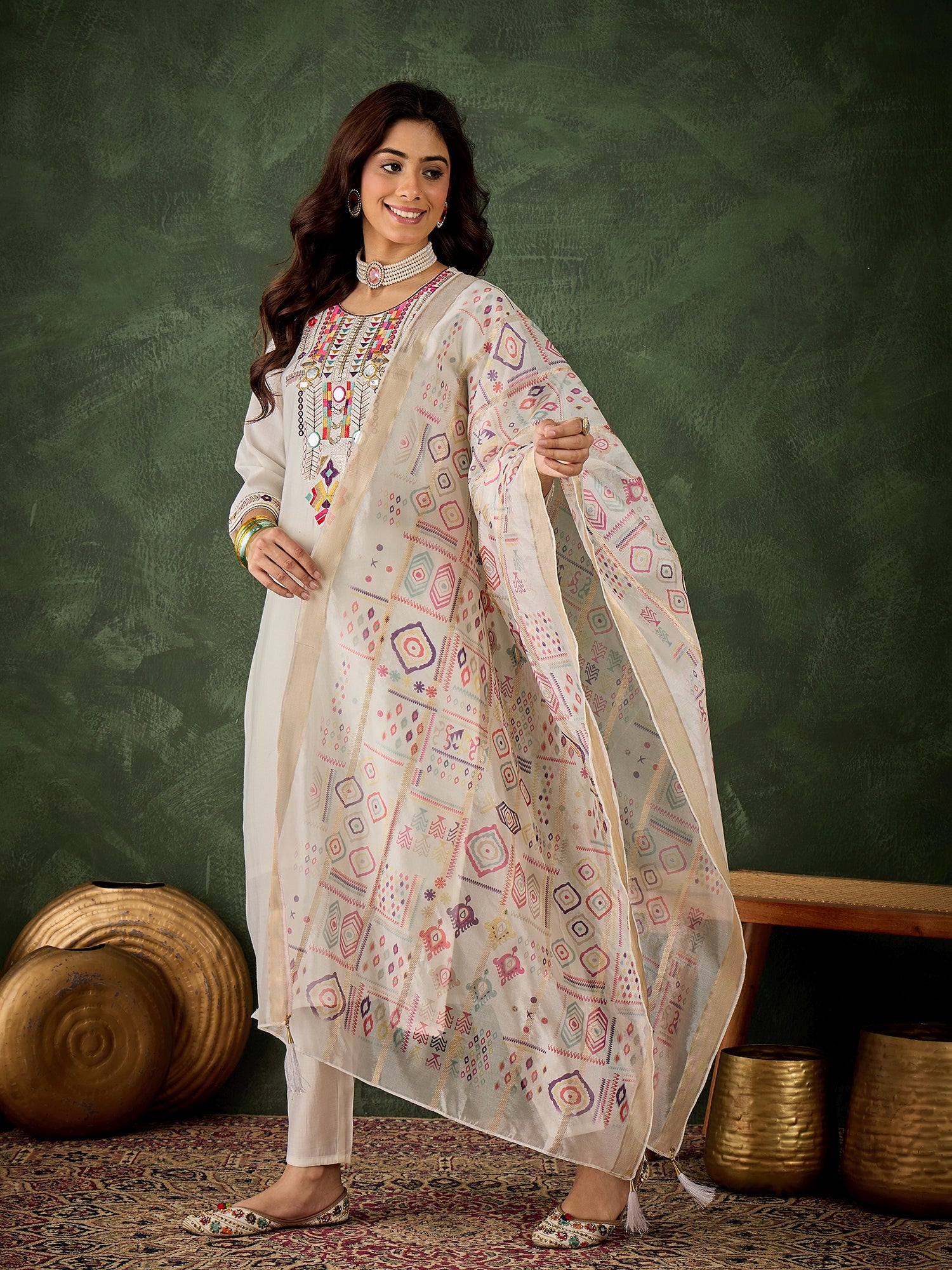 Vasant Women's Embroidered White Silk Blend Straight Suit Set with Dupatta