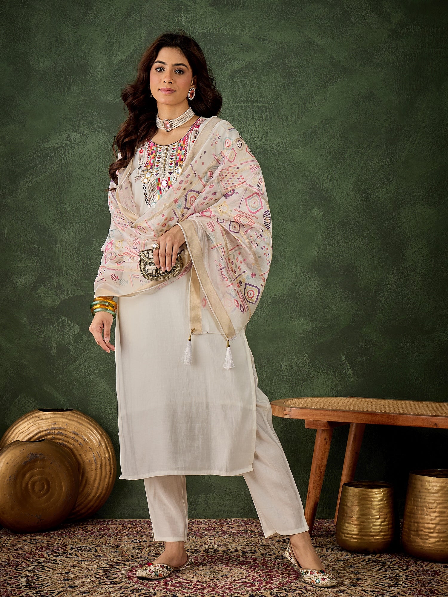 Vasant Women's Embroidered White Silk Blend Straight Suit Set with Dupatta