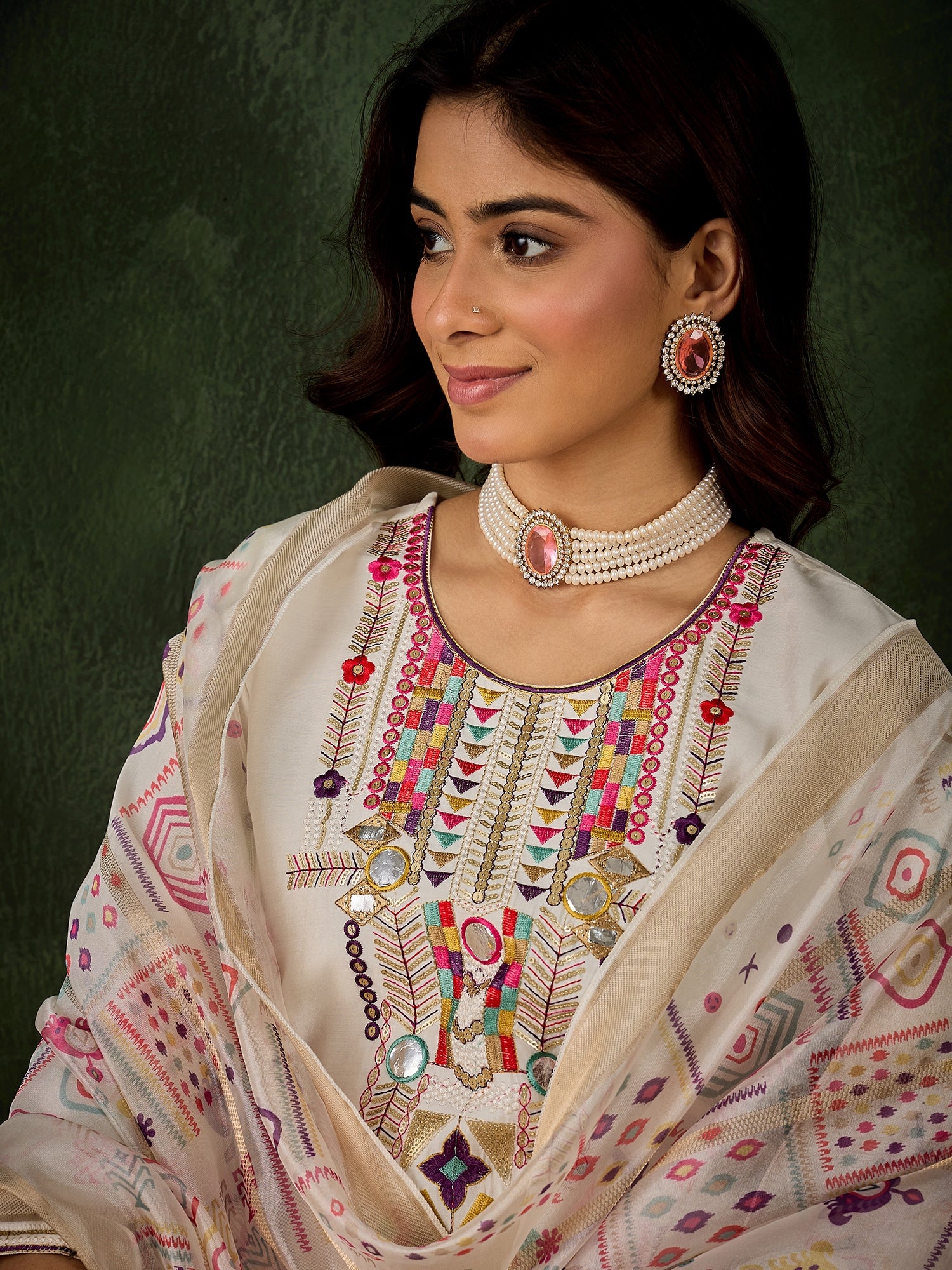 Vasant Women's Embroidered White Silk Blend Straight Suit Set with Dupatta