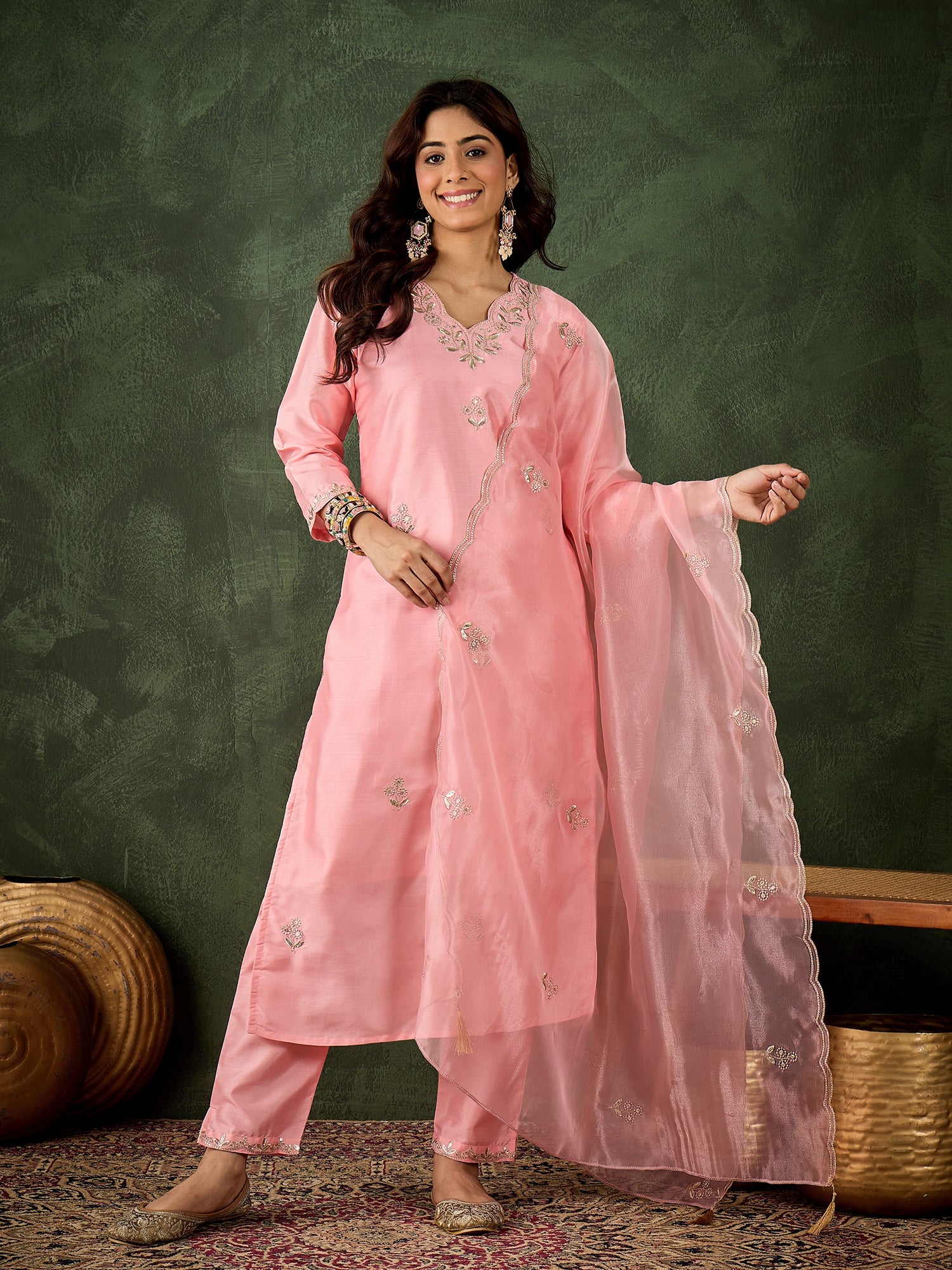 Riwaayat Women Kurta and Pant Dupatta Sets Silk Blend Fabrics with Embroidery