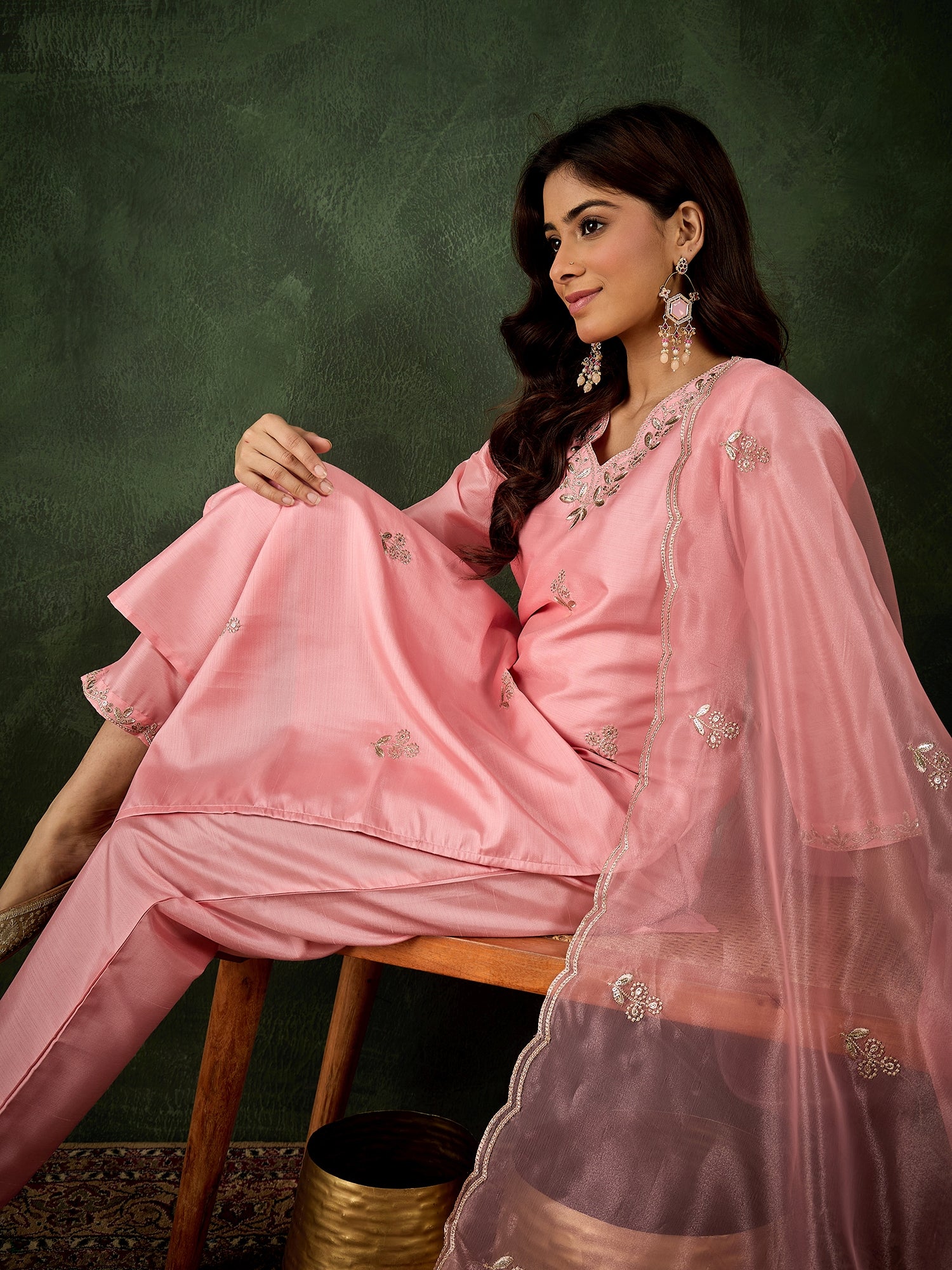 Riwaayat Women Kurta and Pant Dupatta Sets Silk Blend Fabrics with Embroidery