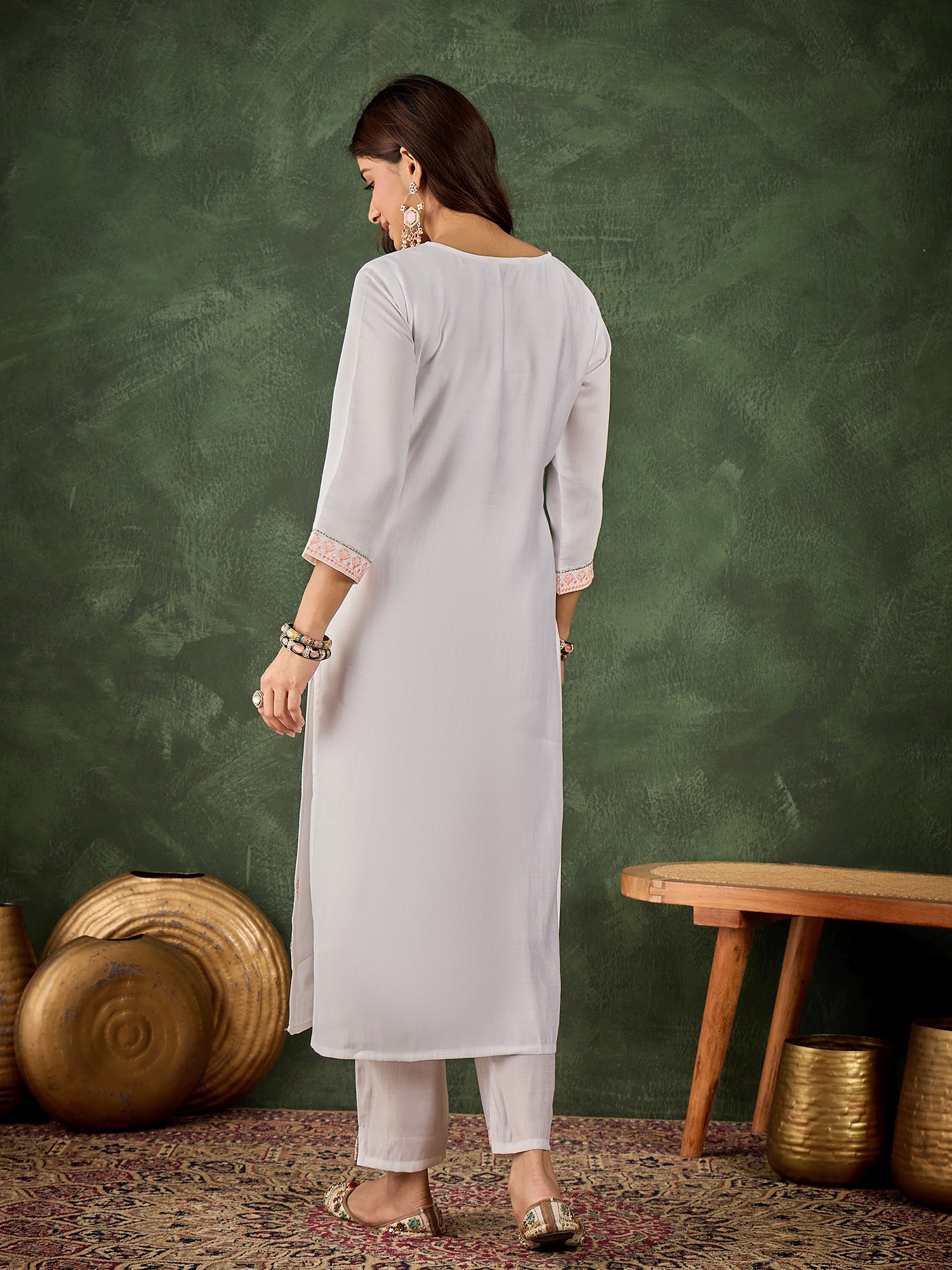 Rutu Women's Silk Blend Embroidered Straight Kurta & Pant Set