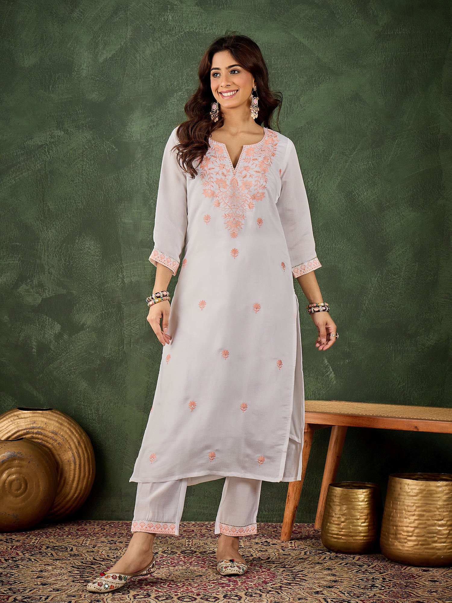 Rutu Women's Silk Blend Embroidered Straight Kurta & Pant Set