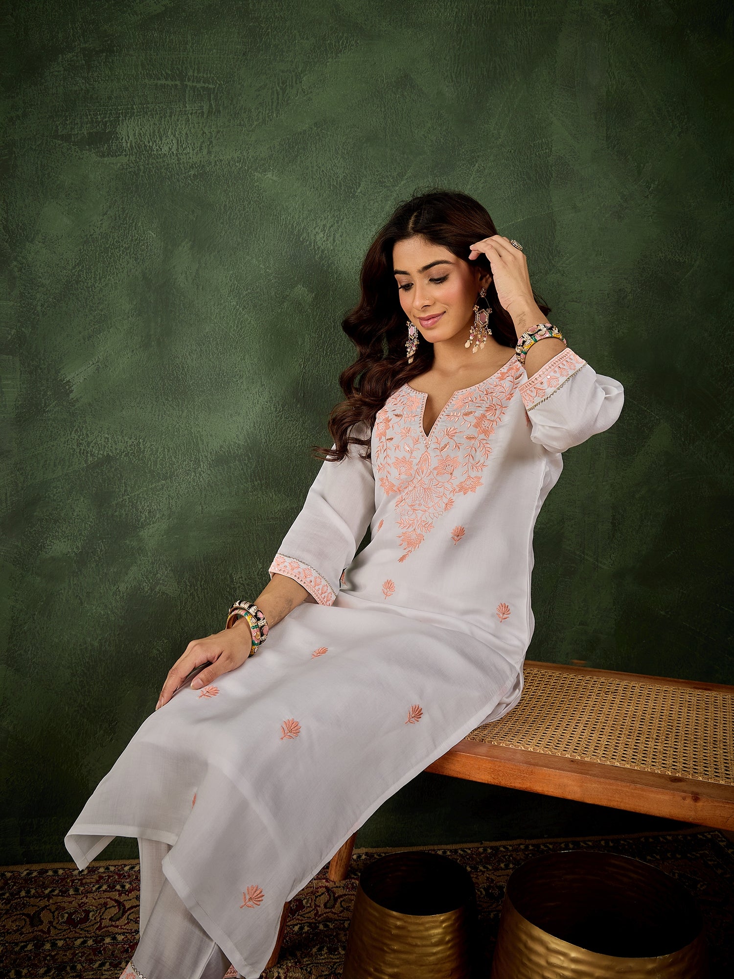 Rutu Women's Silk Blend Embroidered Straight Kurta & Pant Set
