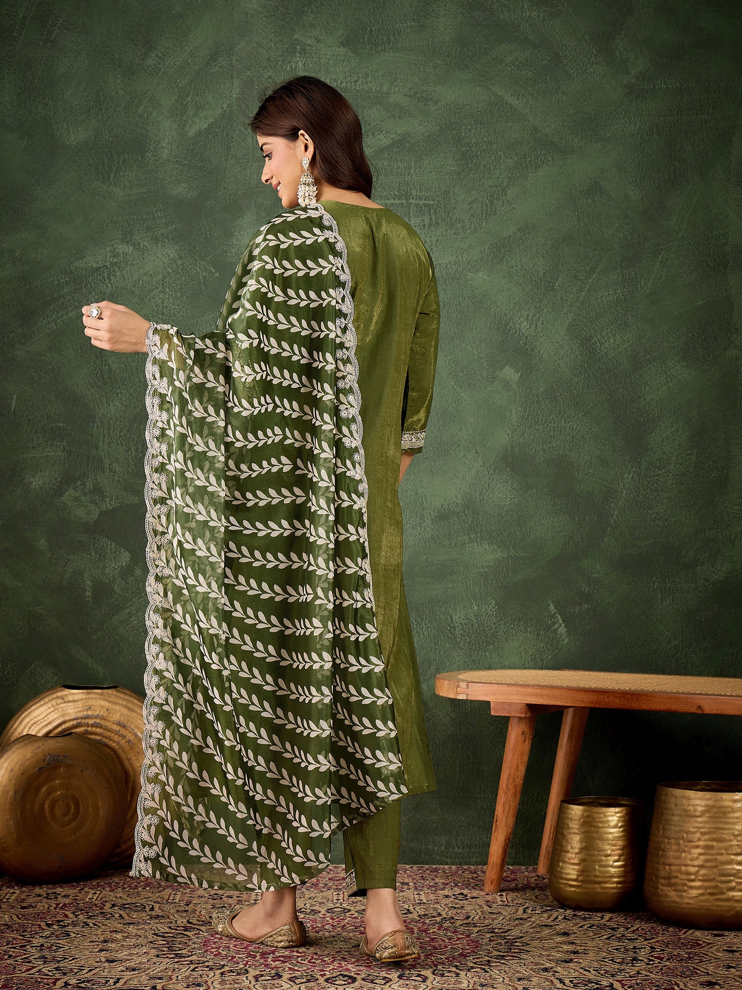 Vastrika Women's Embroidered Silk Blend Calf Length Straight Kurta Trouser with Dupatta Set