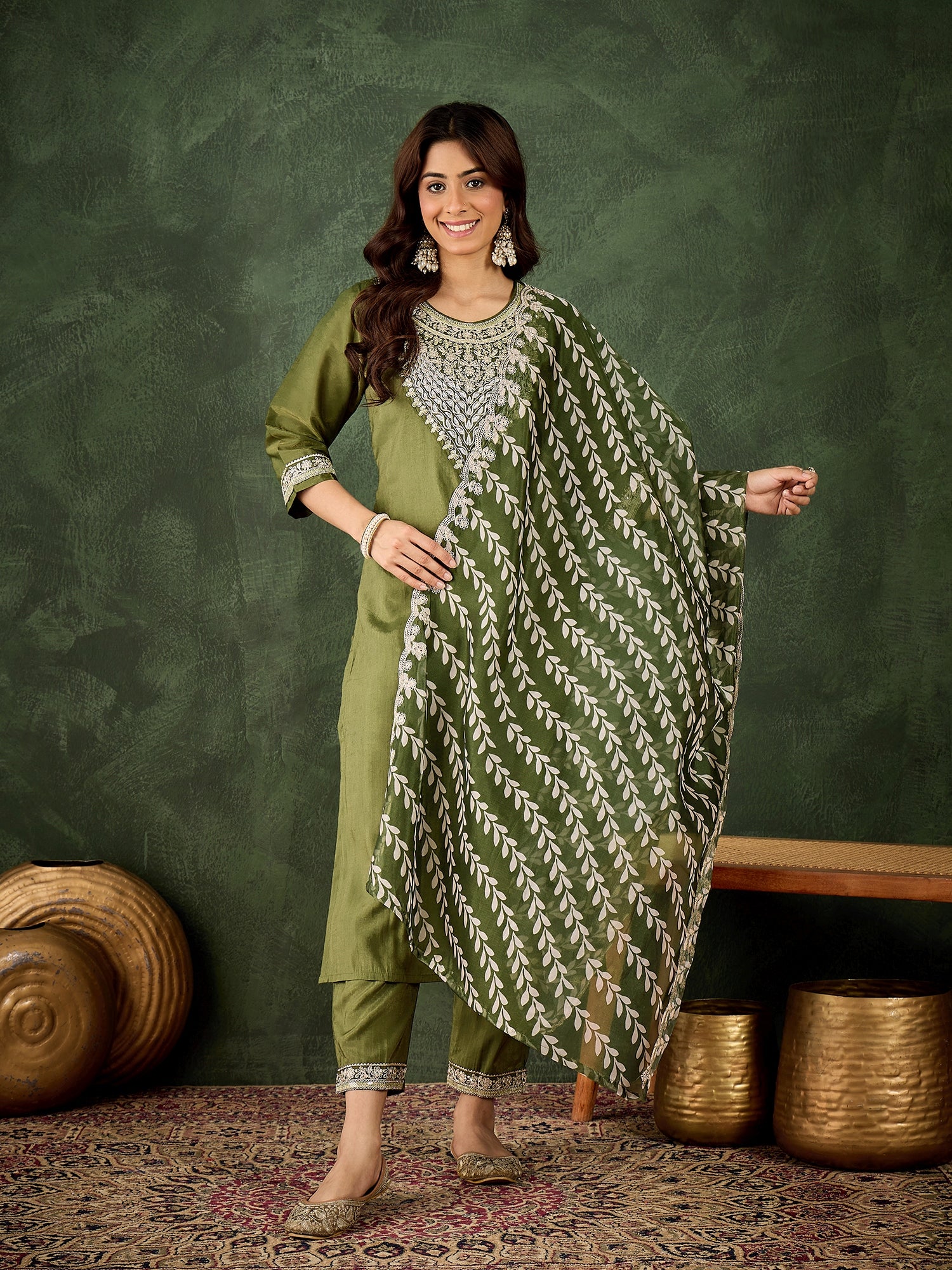 Vastrika Women's Embroidered Silk Blend Calf Length Straight Kurta Trouser with Dupatta Set