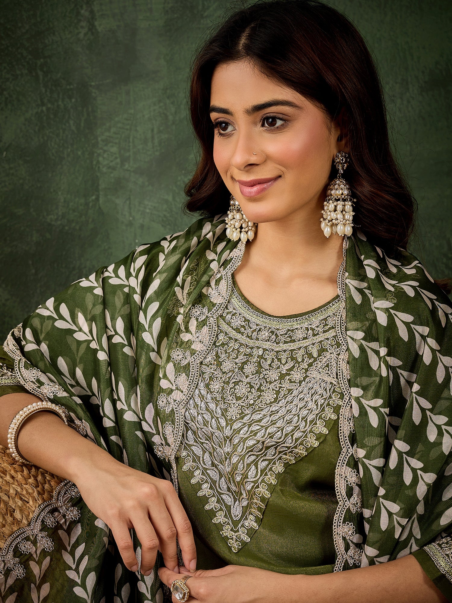 Vastrika Women's Embroidered Silk Blend Calf Length Straight Kurta Trouser with Dupatta Set