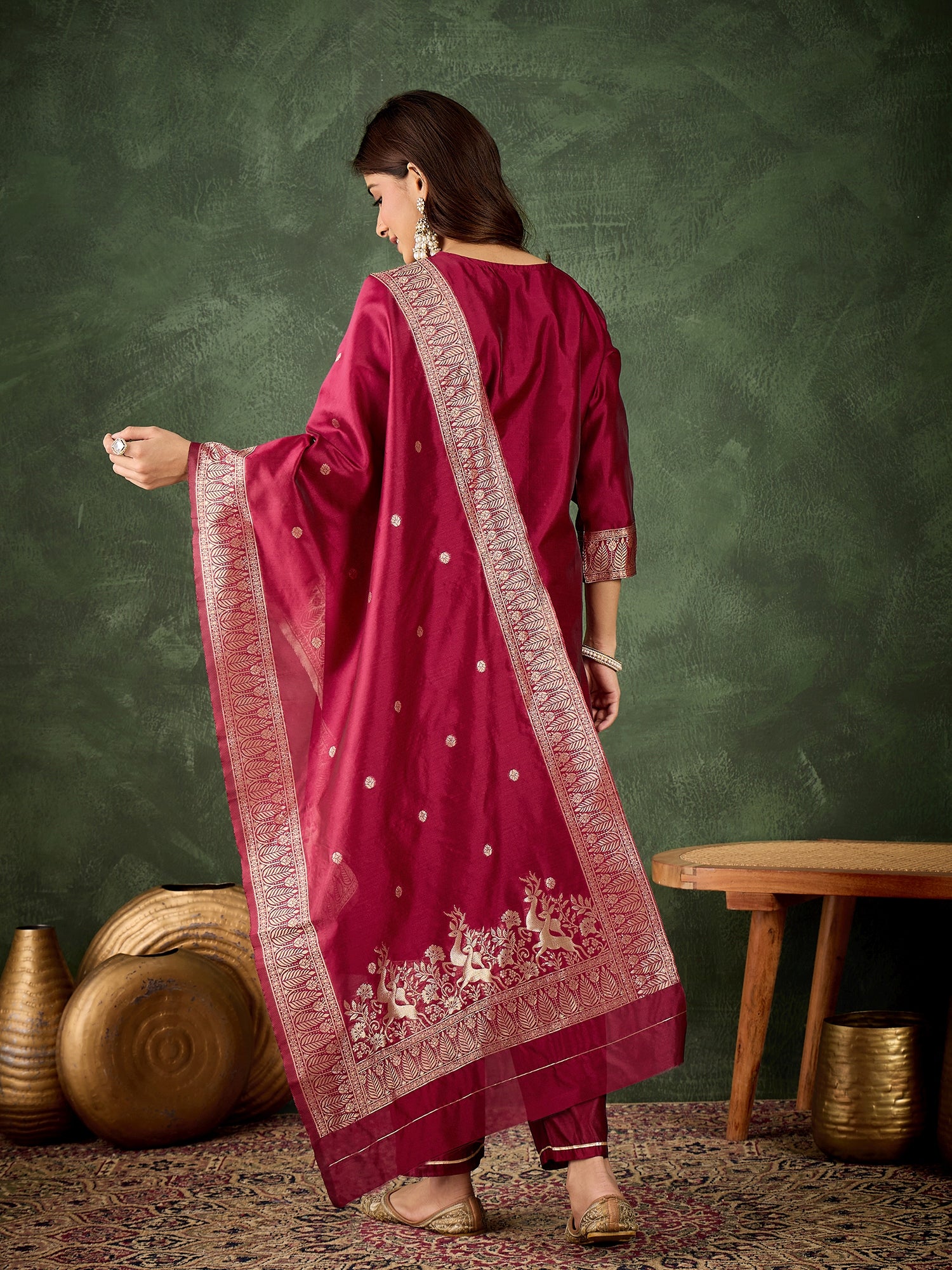 Roop Women's Silk Blend Banarasi Jacquard Zari Woven Straight Kurta Pant with Dupatta Set