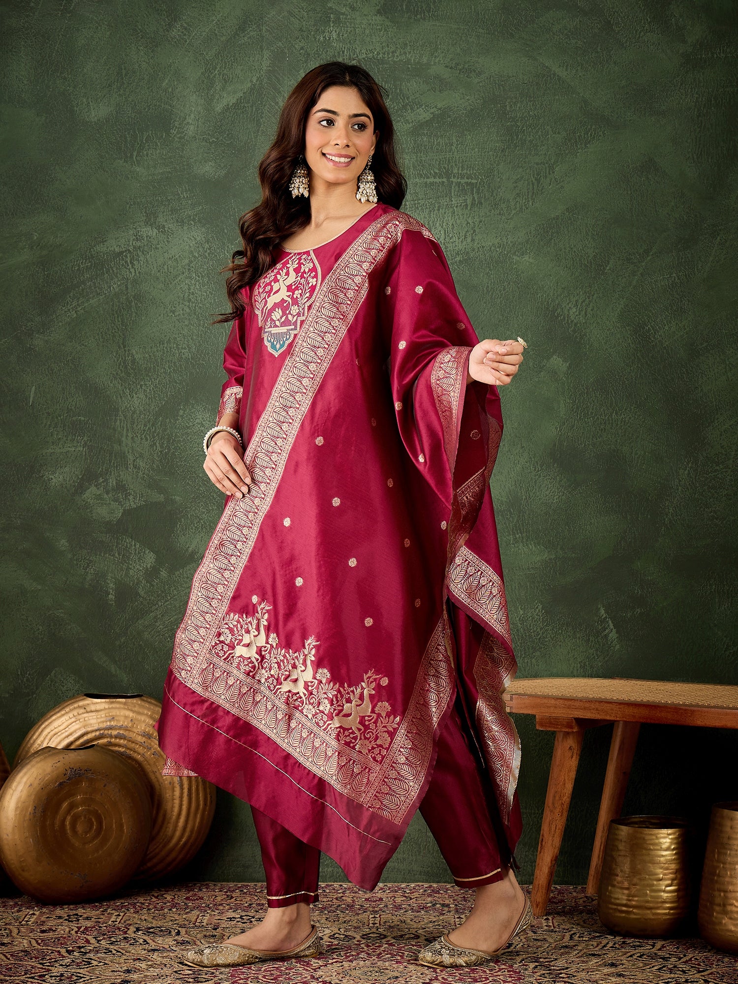 Roop Women's Silk Blend Banarasi Jacquard Zari Woven Straight Kurta Pant with Dupatta Set