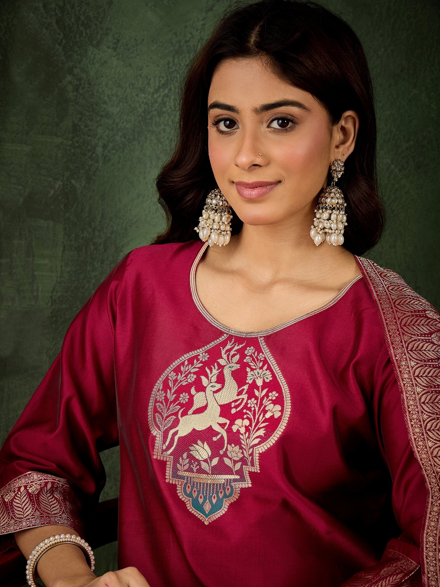Roop Women's Silk Blend Banarasi Jacquard Zari Woven Straight Kurta Pant with Dupatta Set