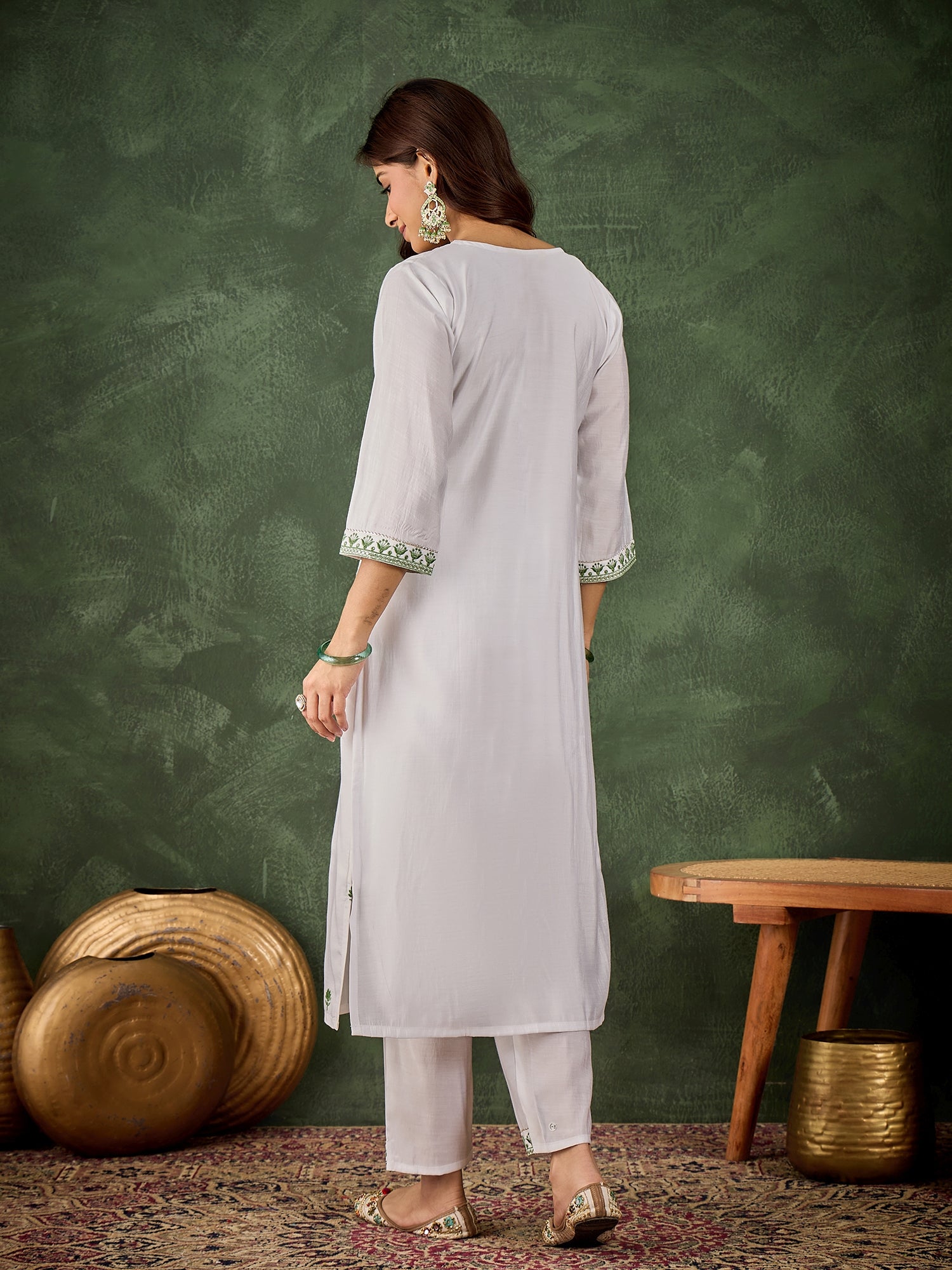 Rutu Women's Silk Blend Embroidered Straight Kurta & Pant Set
