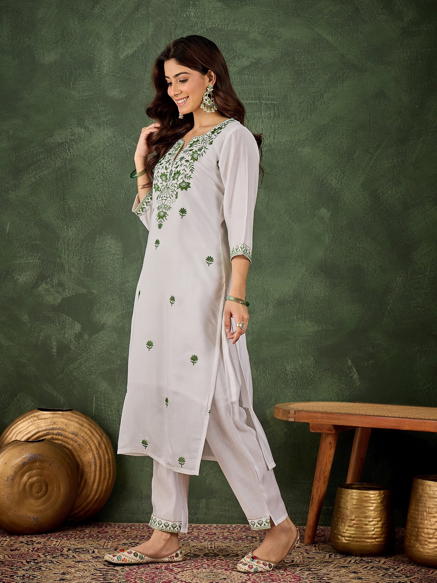 Rutu Women's Silk Blend Embroidered Straight Kurta & Pant Set