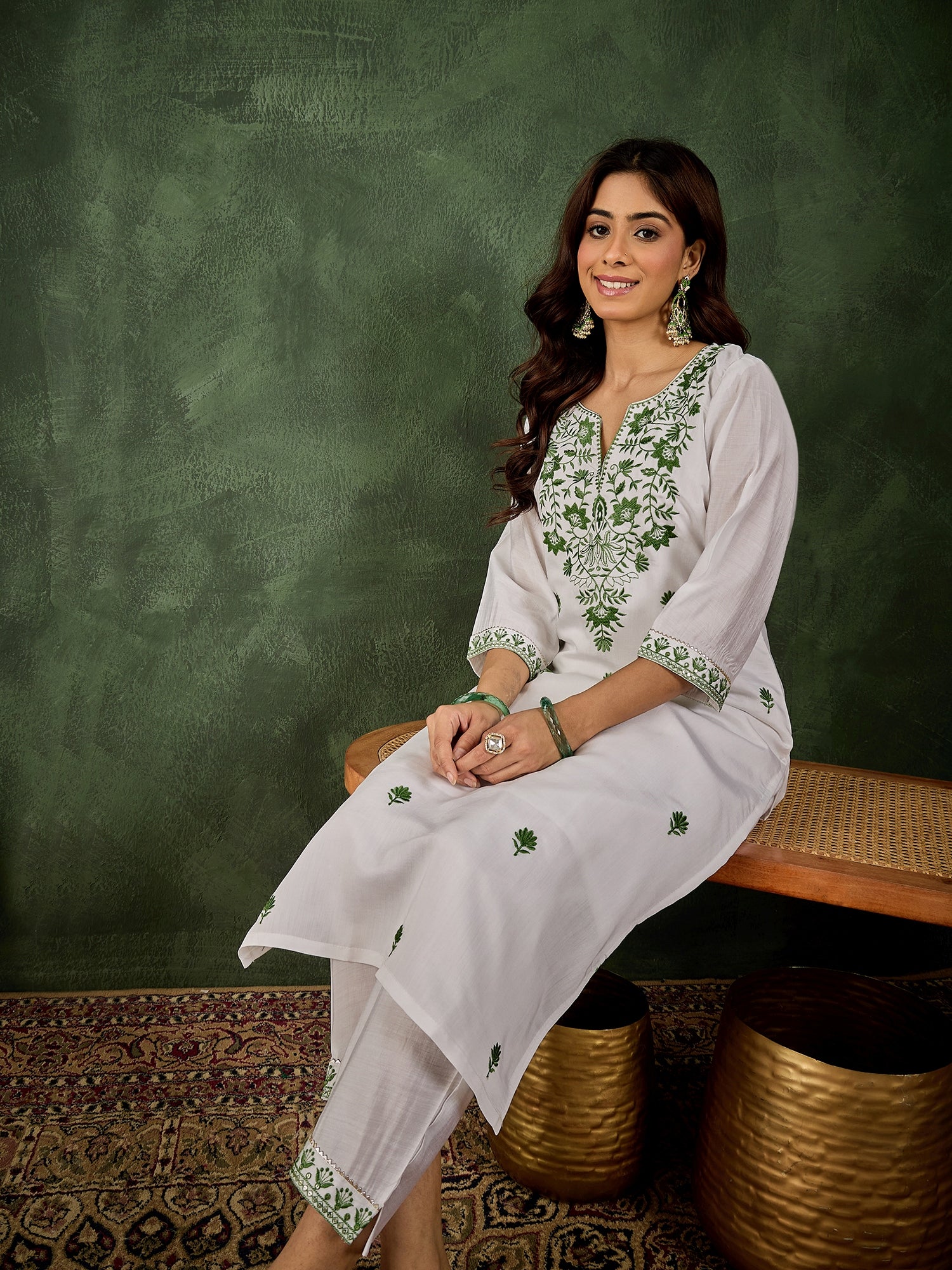 Rutu Women's Silk Blend Embroidered Straight Kurta & Pant Set