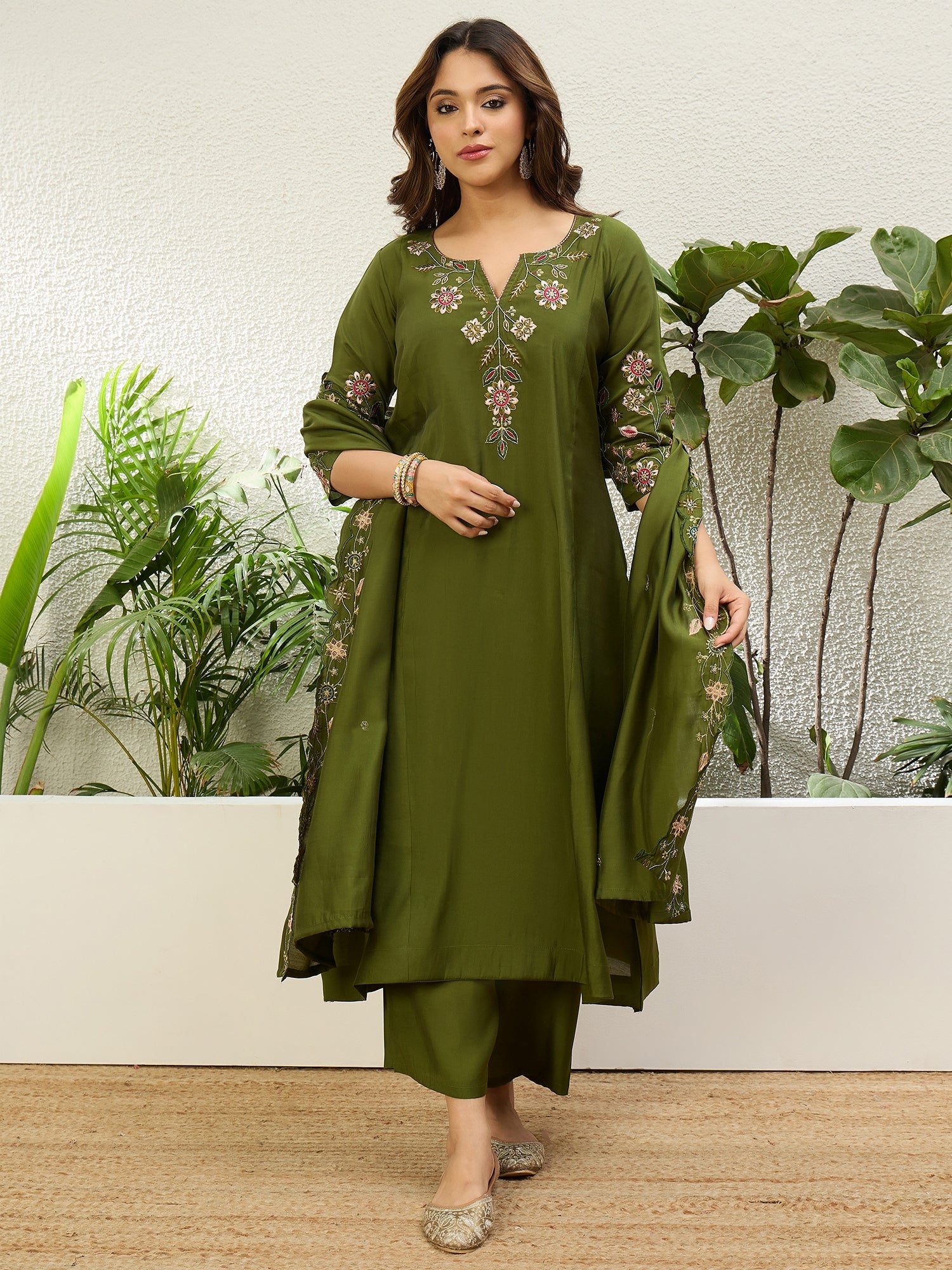 Mehendi Green Women Anarkali Kurta with Pant & Dupatta Suits, Festive Ethnic Set