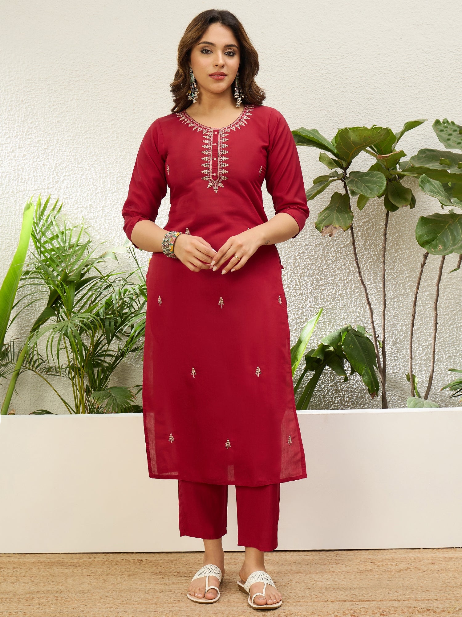 Ishani Women's Red Festive Embroidered Yoke Straight Kurta Pant Set