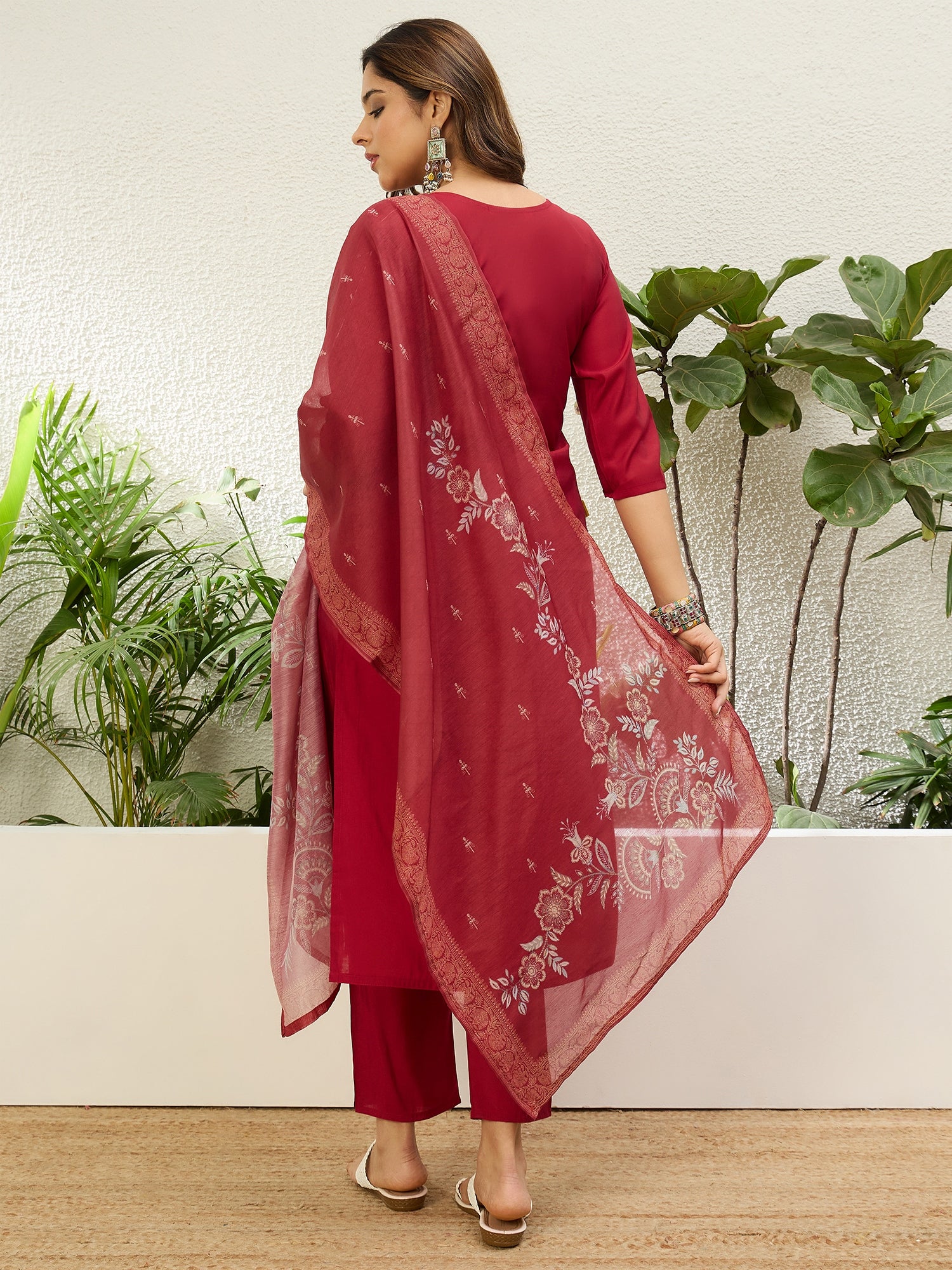 Ishani Women's Red Festive Embroidered Yoke Straight Kurta Pant Set