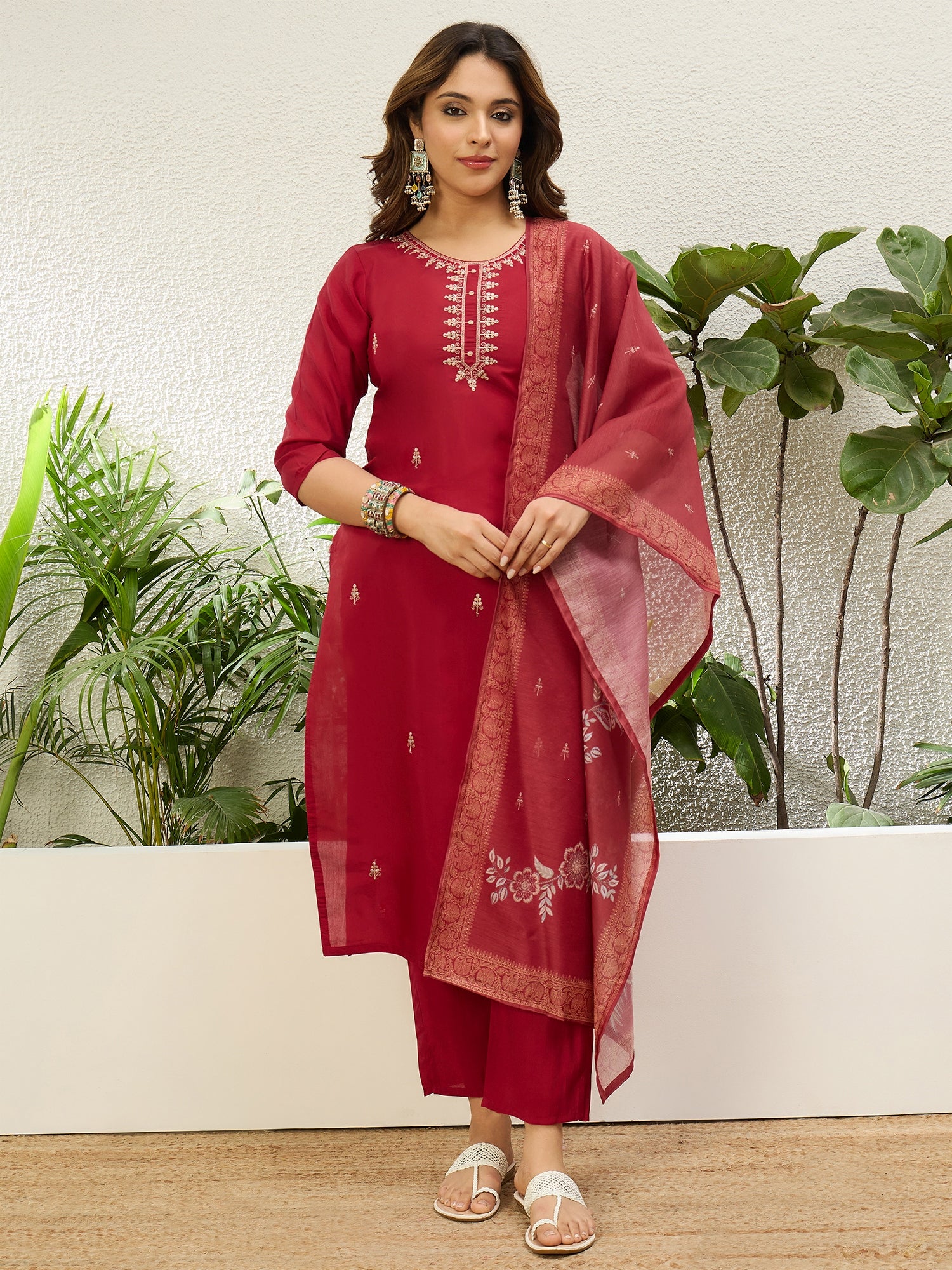 Ishani Women's Red Festive Embroidered Yoke Straight Kurta Pant Set
