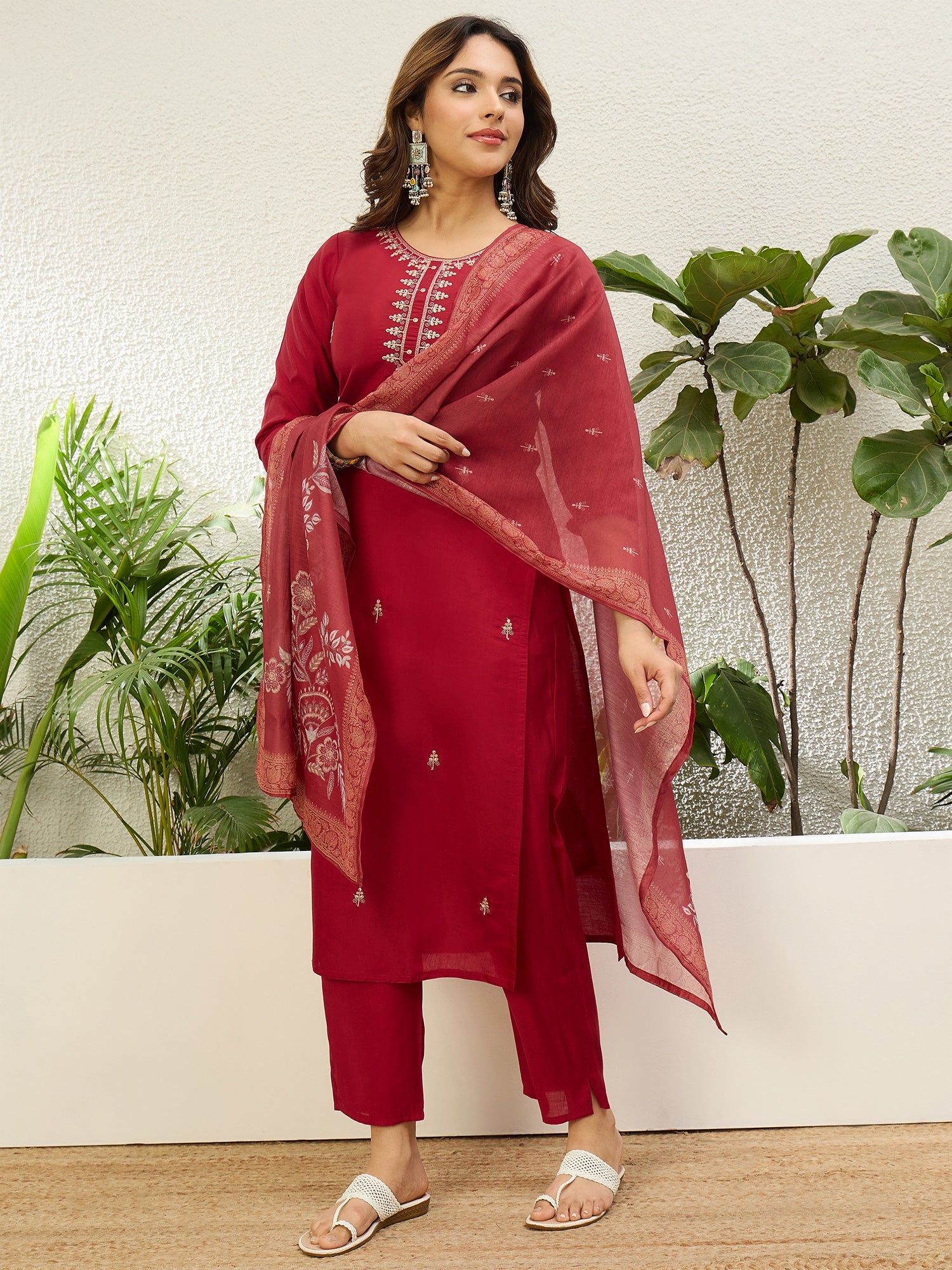 Ishani Women's Red Festive Embroidered Yoke Straight Kurta Pant Set