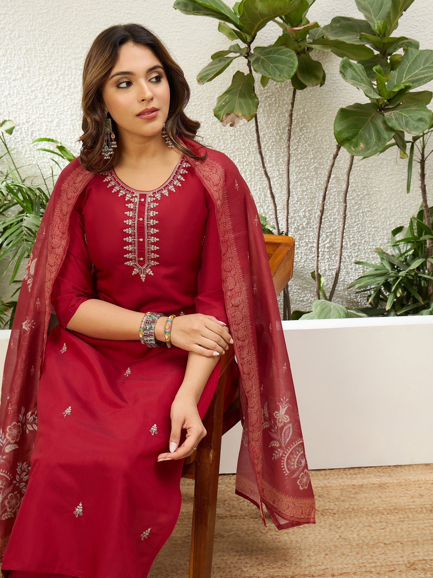 Ishani Women's Red Festive Embroidered Yoke Straight Kurta Pant Set