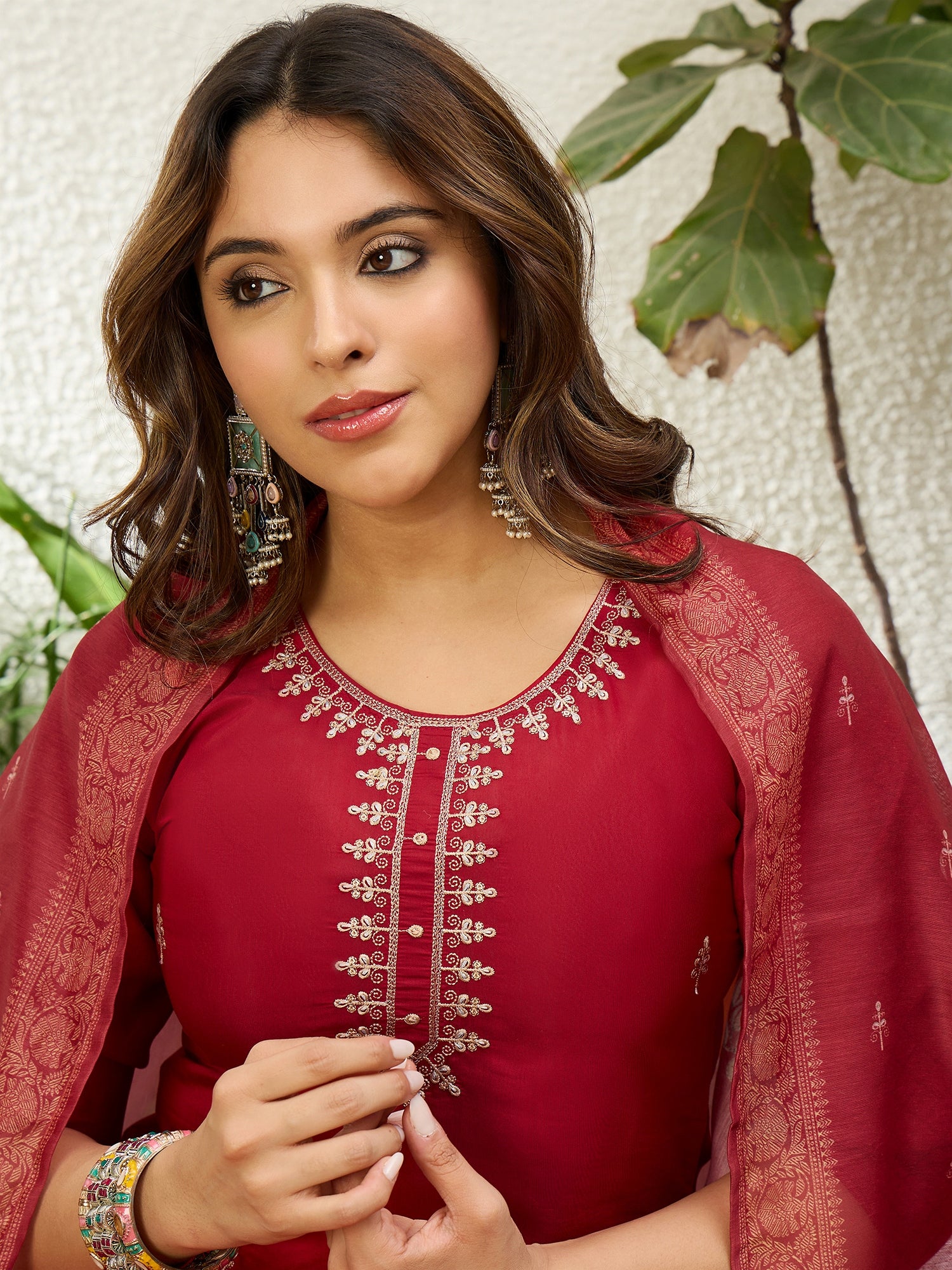 Ishani Women's Red Festive Embroidered Yoke Straight Kurta Pant Set