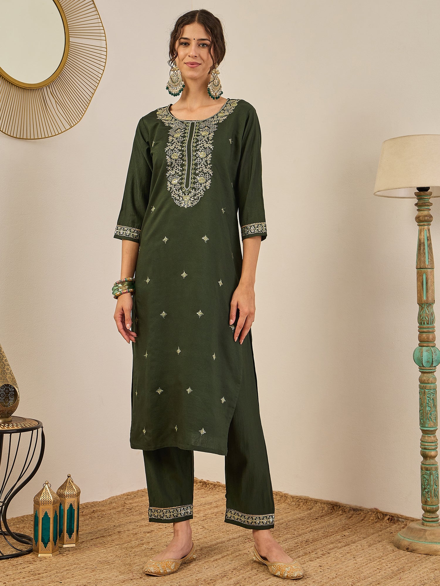 VredeVogel Women’s Viscose Rayon Kurta Pant Set Embroidered Ethnic Wear with Organza Dupatta